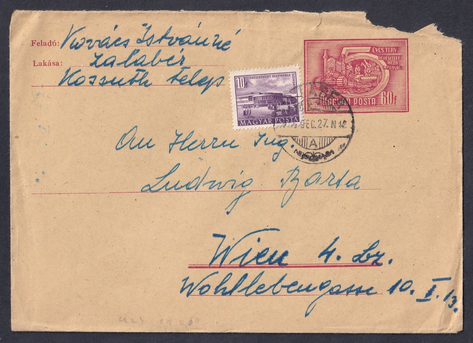 1955. Zalabér, Bécsbe feladott levél