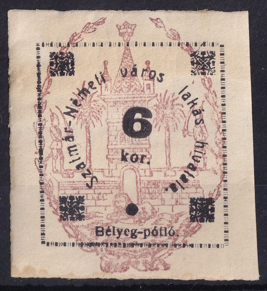 1918. 6 Korona SZATMÁR-NÉMETI, Lakáshivatali bélyeg
