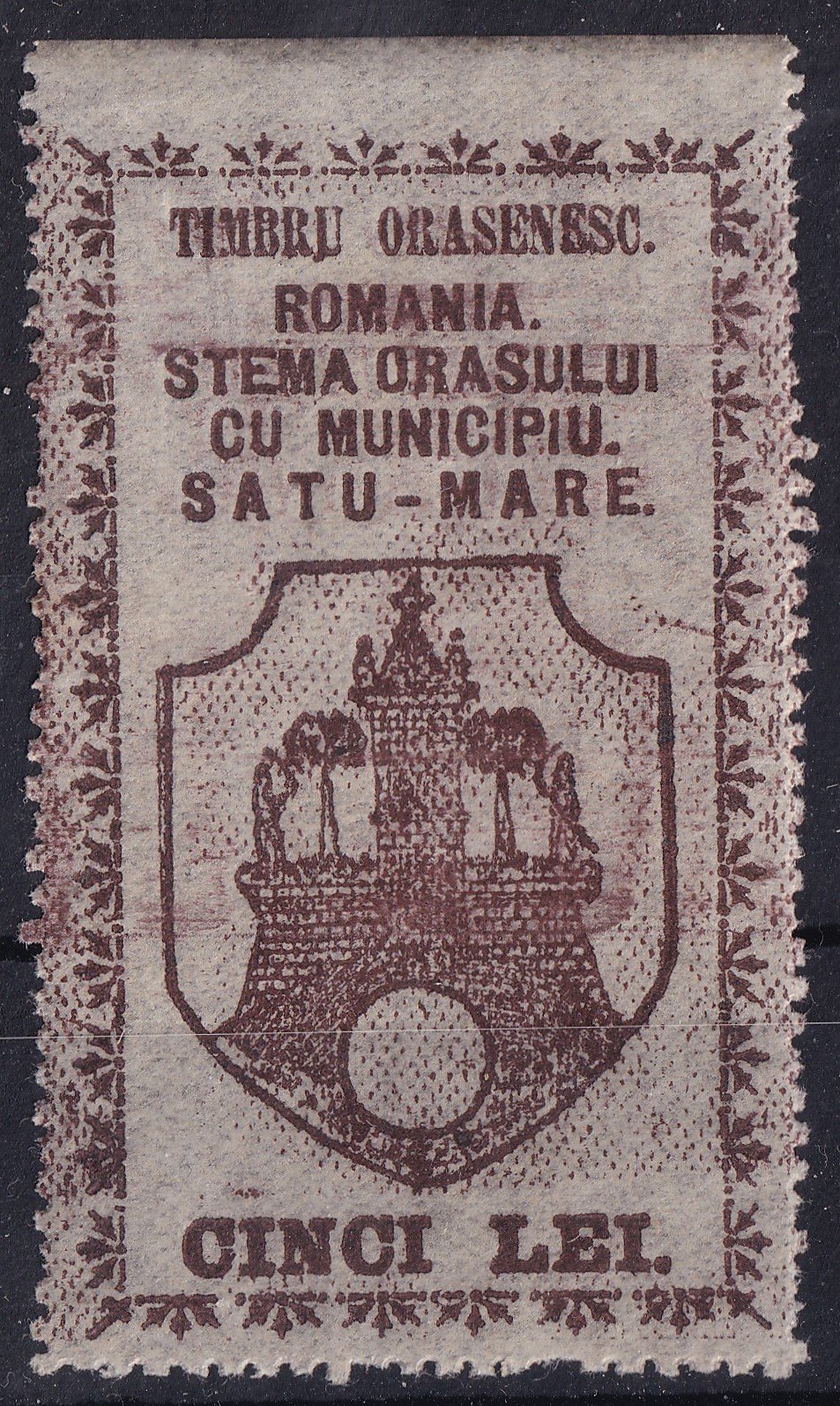 Románia, Satu Mare (Szatmárnémeti) 5Lei használatlan városi illetékbélyeg, felső ívszéli darab fogazás nélkül