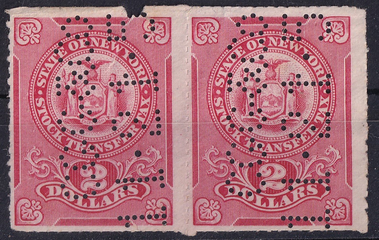 2 dollár - New York állam részvénypapír-átruházási adóbélyeg pár céglyukasztással (perfin)