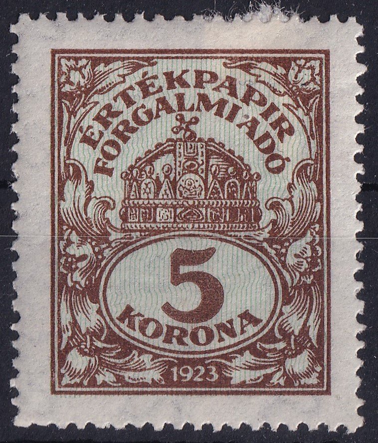 1923. Értékpapr Forgalmi Adó 5 Korona, eredeti gumival