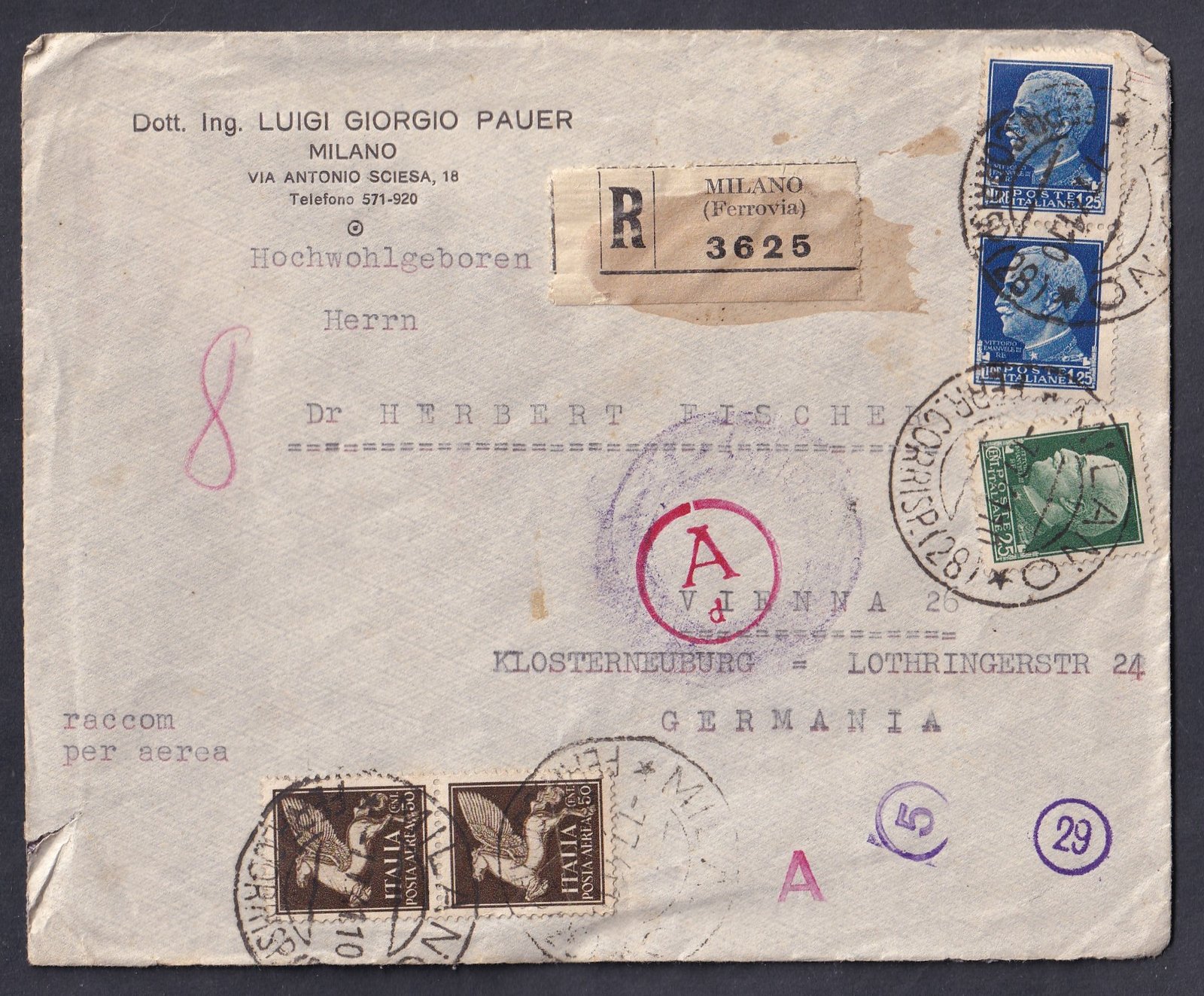 1941. Milánó – Bécs, ajánlott légiposta üzleti levél, feltehetően ellenőrzés céljából nyitott/ellenőrizhető állapotban feladva, cenzúra alatt álló forgalomban, több ellenőrző szám bélyegzéssel