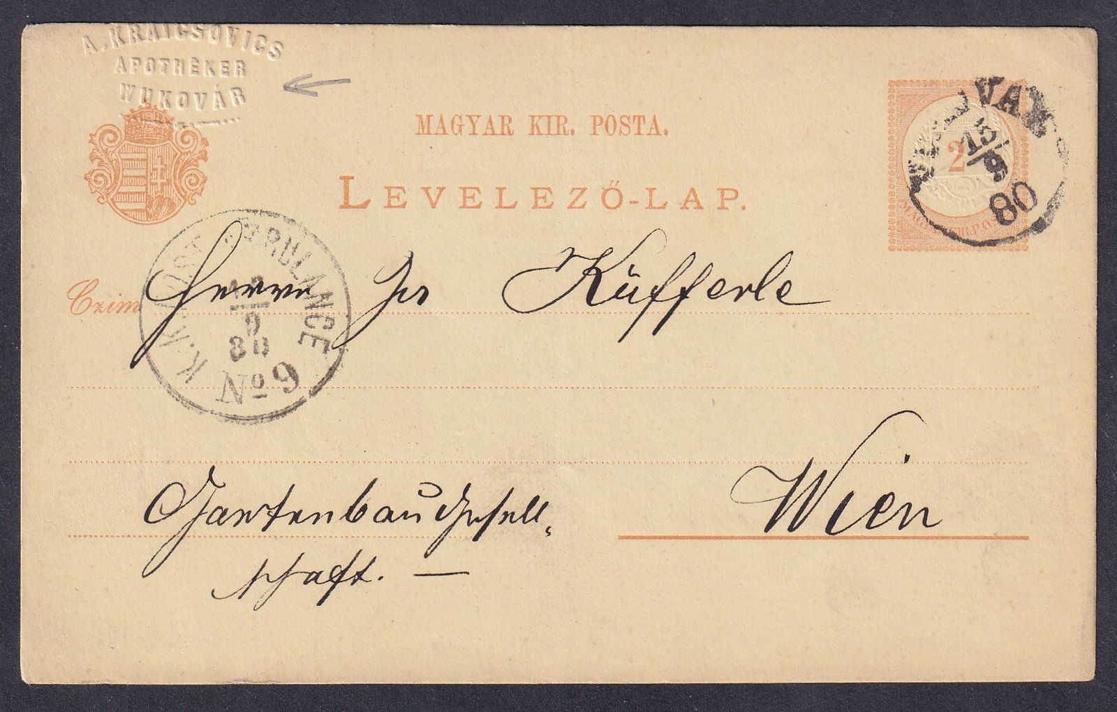 1880. Vasvár, Bécsbe feladott díjjegyes levelezőlap