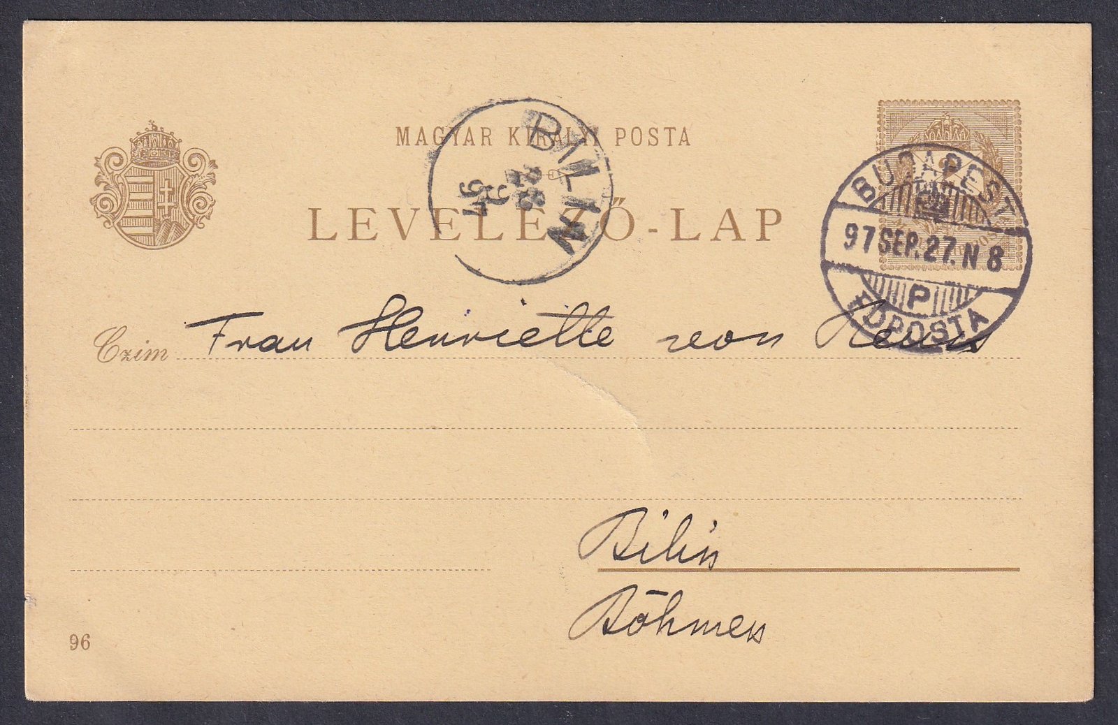 1997. Budapest, Bilin-re (Ukrajna) feladott, 2kr Milleniumi díjjegyes képes levelezőlap -  RICHTER LAJOS BUDAPEST reklám bélyegzéssel