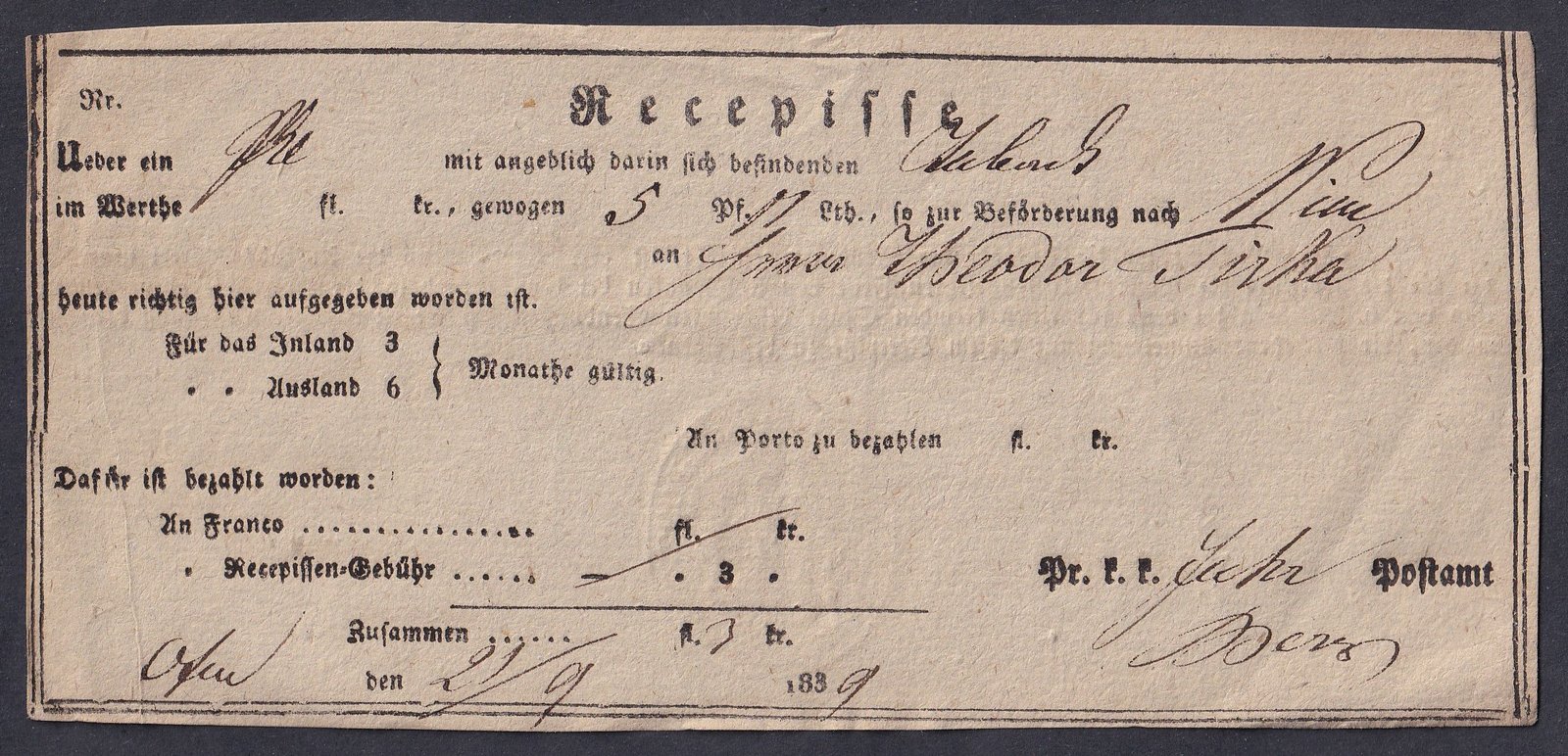 1839. Budapest, Feladási vény, Bécsbe feladott ajánlott levélről