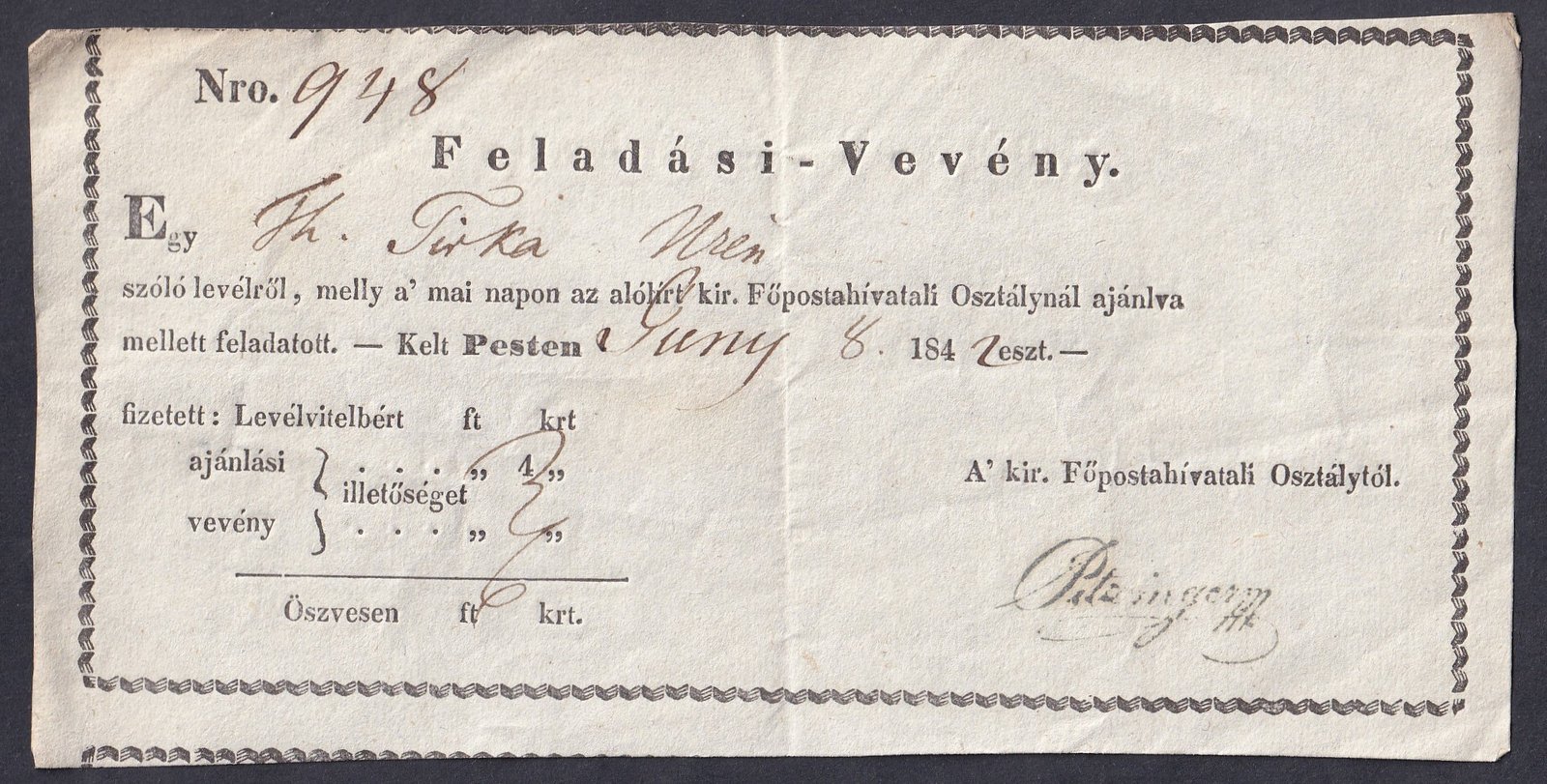 1884. Pest, Feladási-Vevény, Bécsbe feladott ajánlott levélről