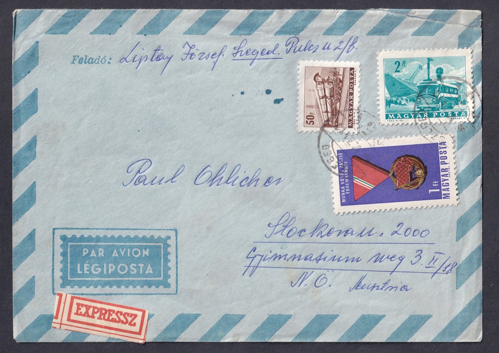 1985. Szeged, Ausztriába feladott expressz-ajánlott légiposta levél