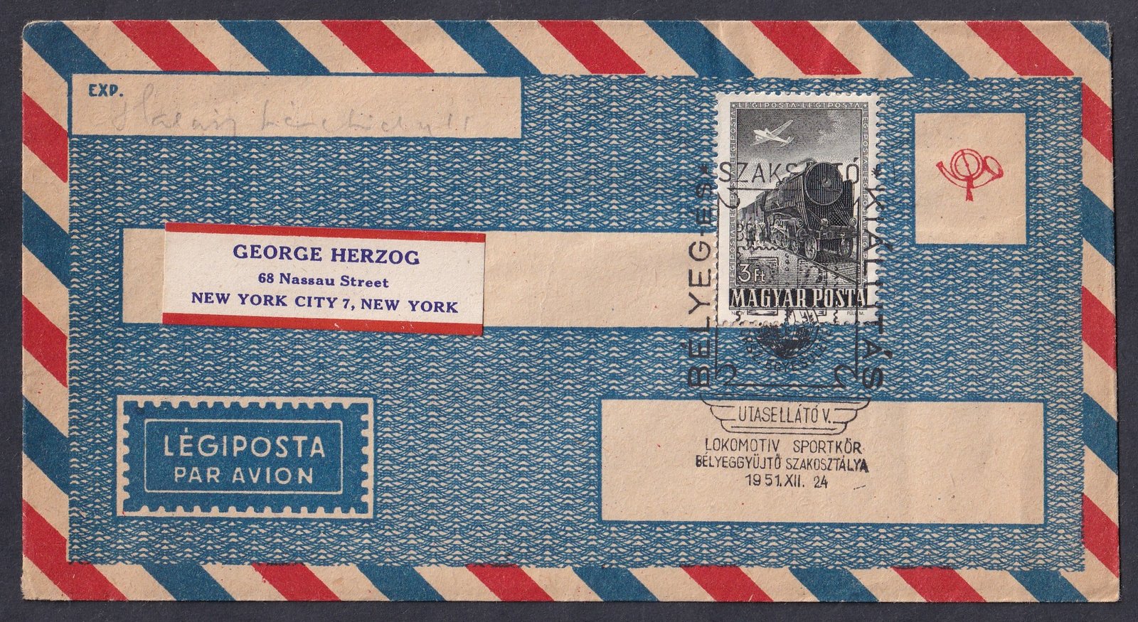 1951. Bélyegkiállítás alkalmi bélyegzéssel New York-ba feladott légiposta levél