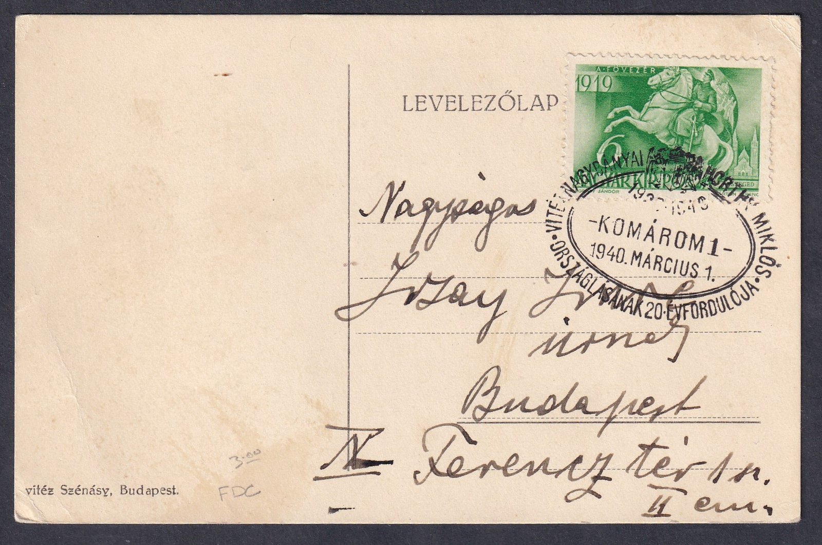 1940. Komárom, alkalmi bélyegzéssel, Budapestre feladott levelezőlap