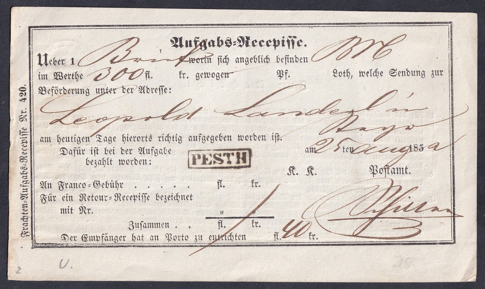 1950. PESTH, (német nyelvű) Feladó vény Bécsbe feladott levélről