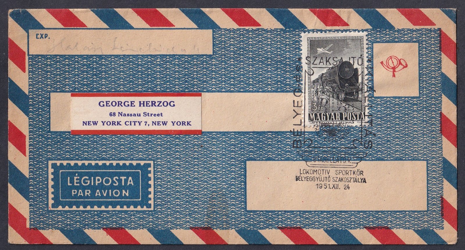 1951. Bélyegkiállítás alkalmi bélyegzéssel New York-ba feladott légiposta levél