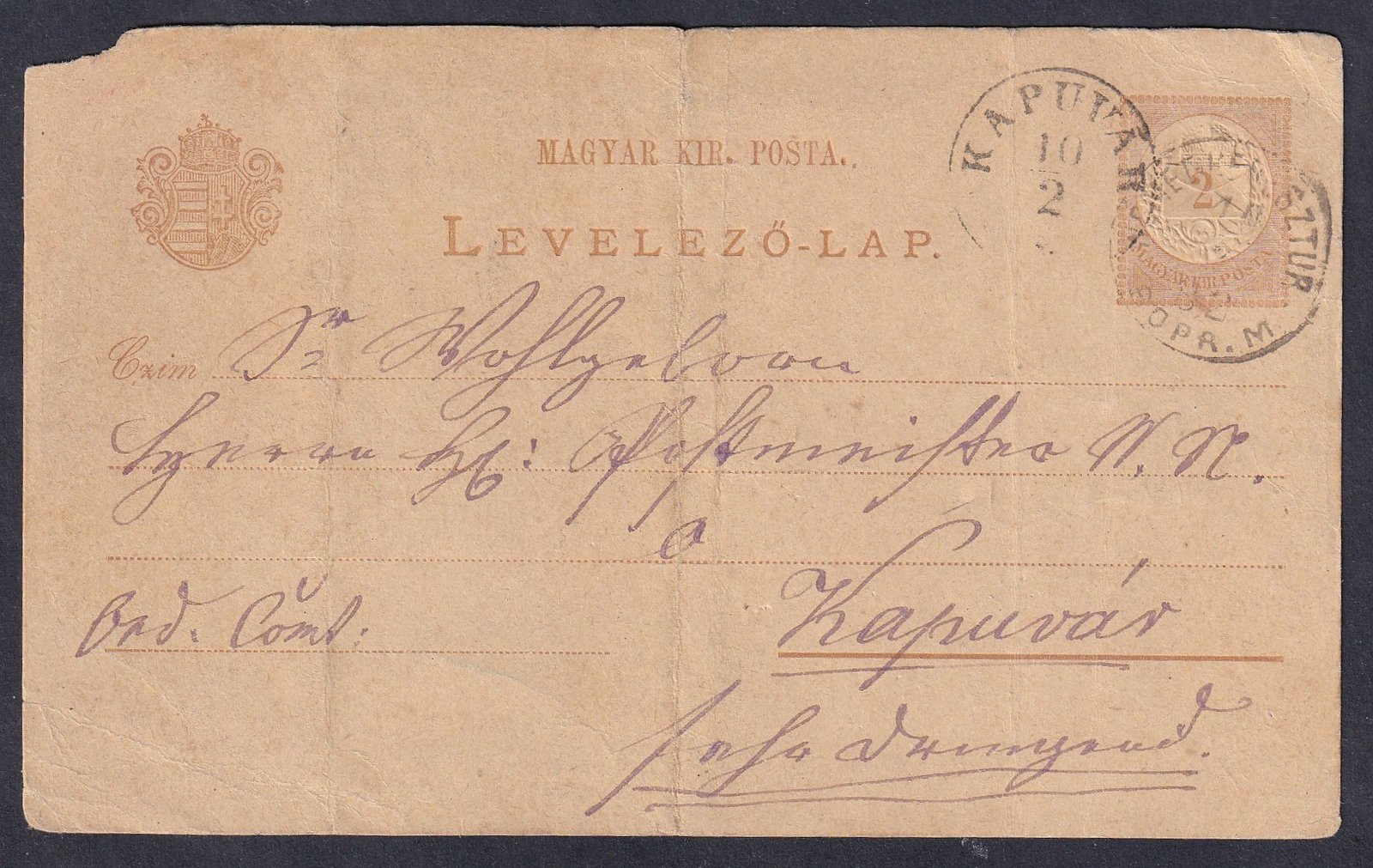 1882. NÉMET-KERESZTUR / SOPR.M. Kapuvárra feladott levelezőlap