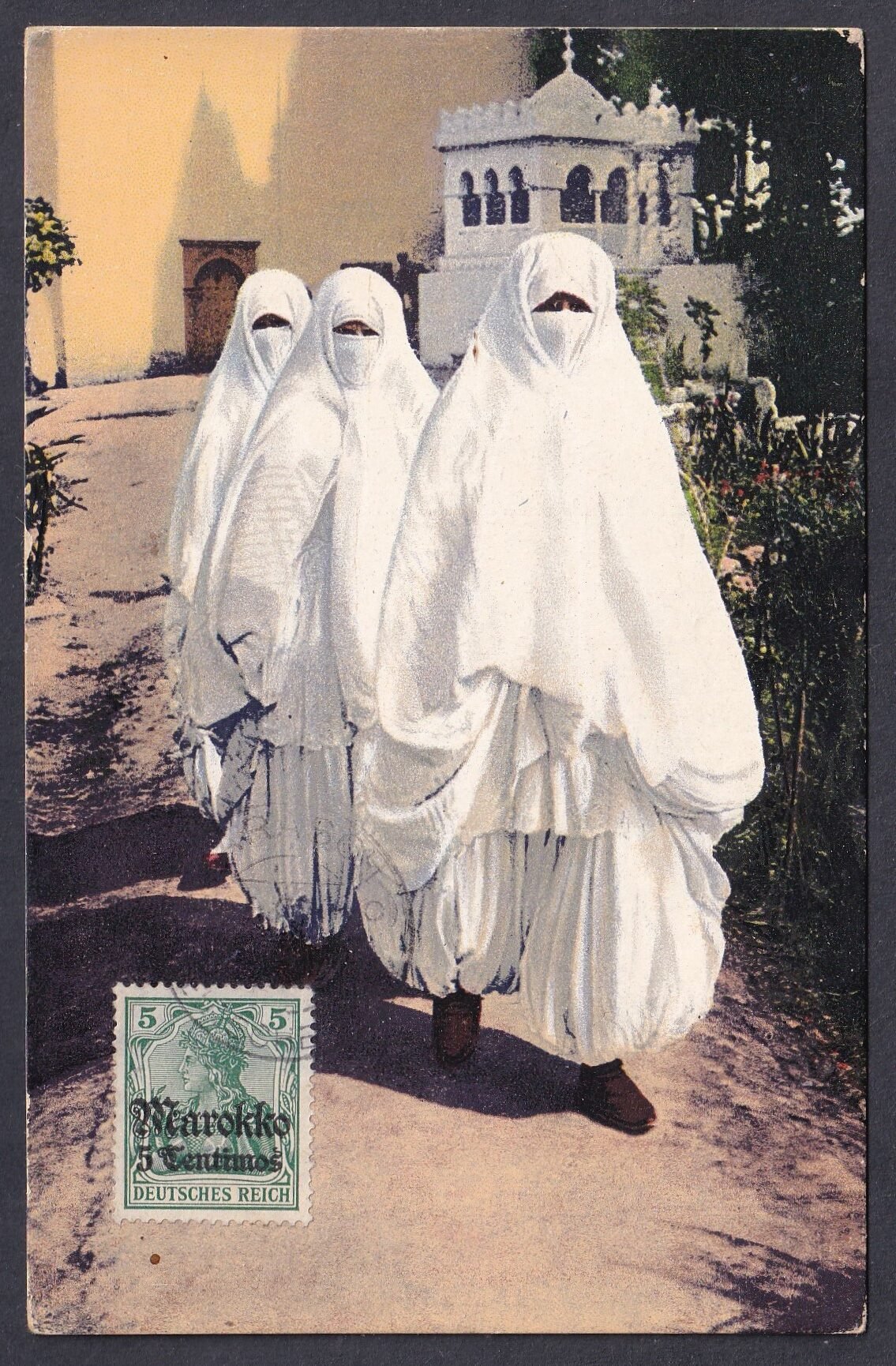 1913. Marokkó (német posta), Larache – Düsseldorfba küldött képeslap, „Mujeres marroquíes” (Lehnert & Landrock), 5 c Marokko / Deutsches Reich bélyeggel