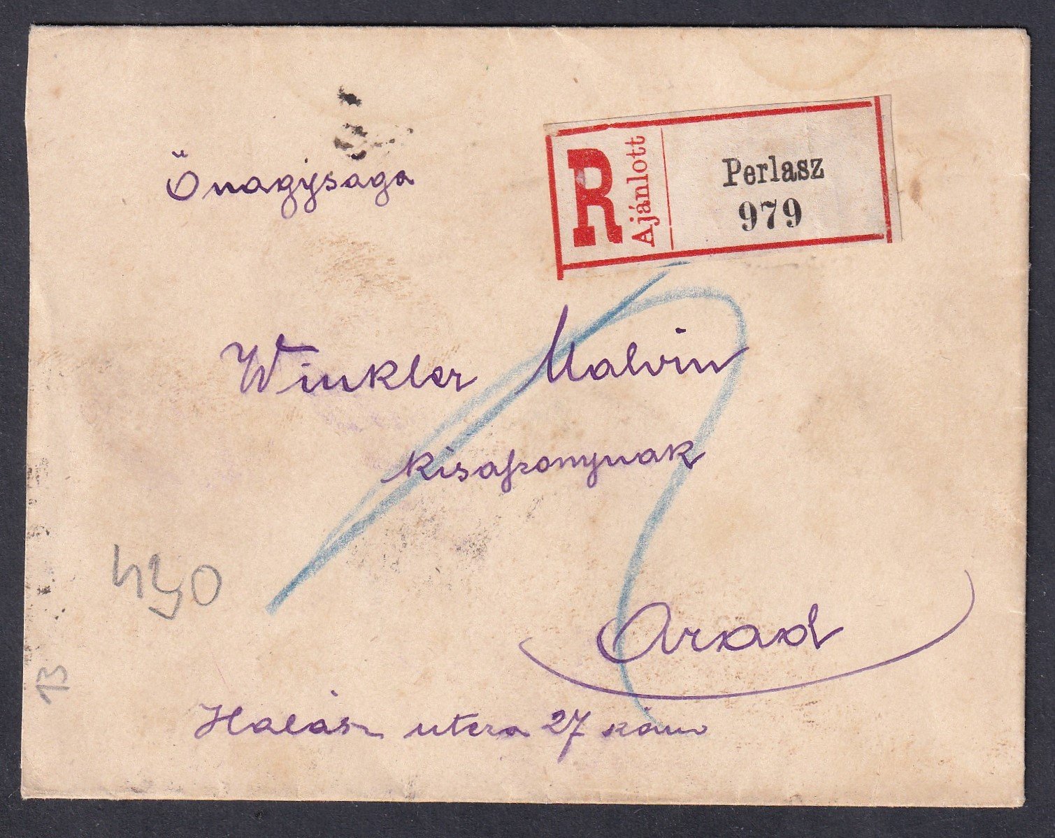 1893. Perlasz, Aradra feladott ajánlott levél, díszített hölgy-levél; színes búzavirág motívummal, a borítékon és a levélpapíron egyaránt, dombornyomással.