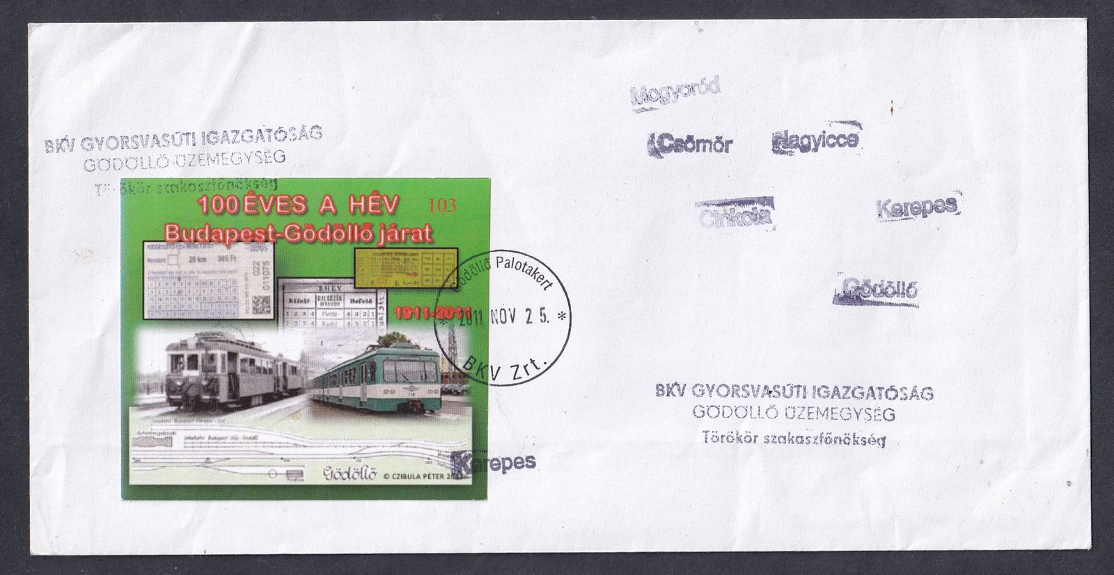 2011. 100 éves Gödöllő HÉV emlékív borítékon, állomás bélyegzésekkel, (10 db készült)