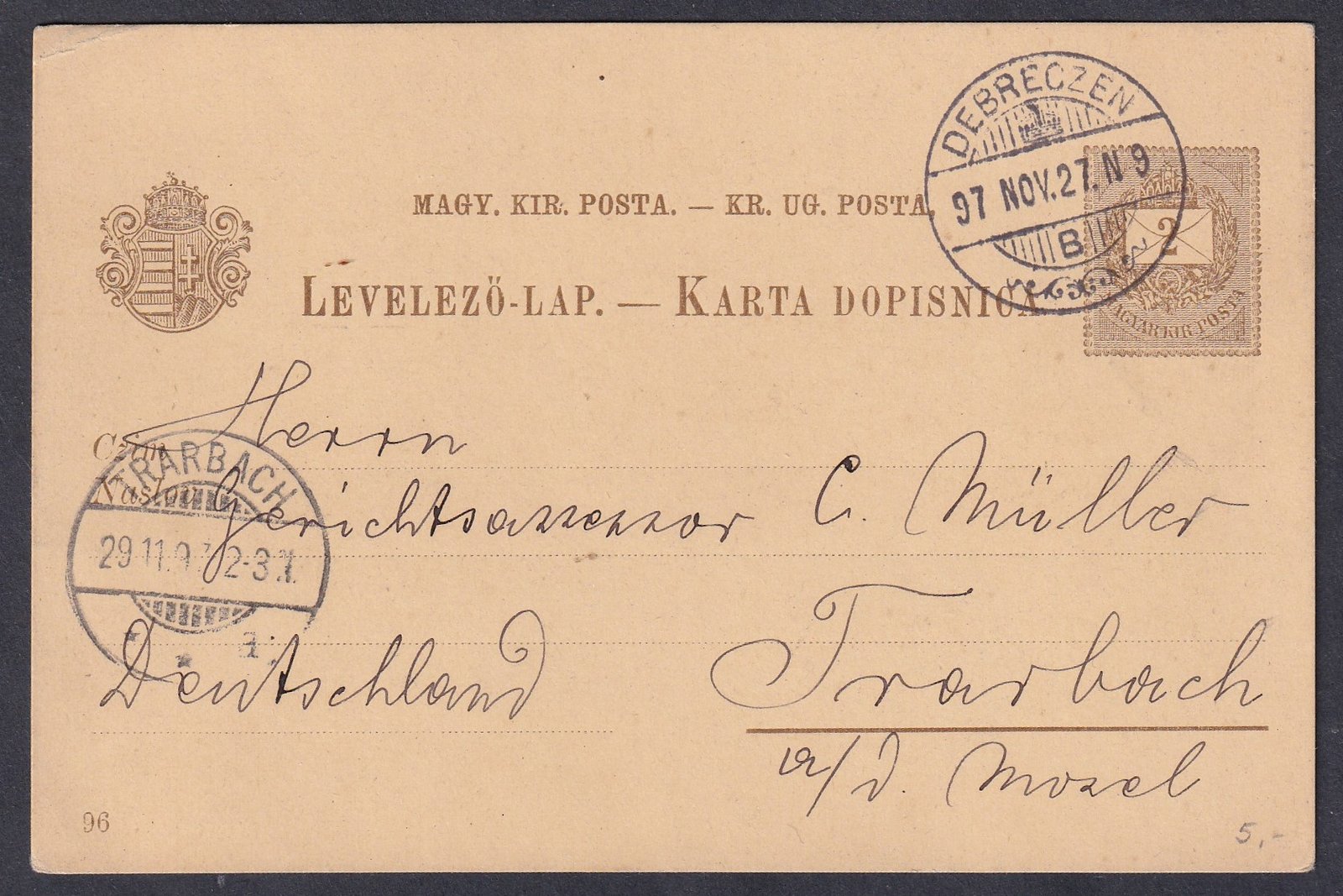 1897. Bebreczen, Trarbach-ba feladott Milleniumi 2 kr díjjegyes képeslevelezőlap