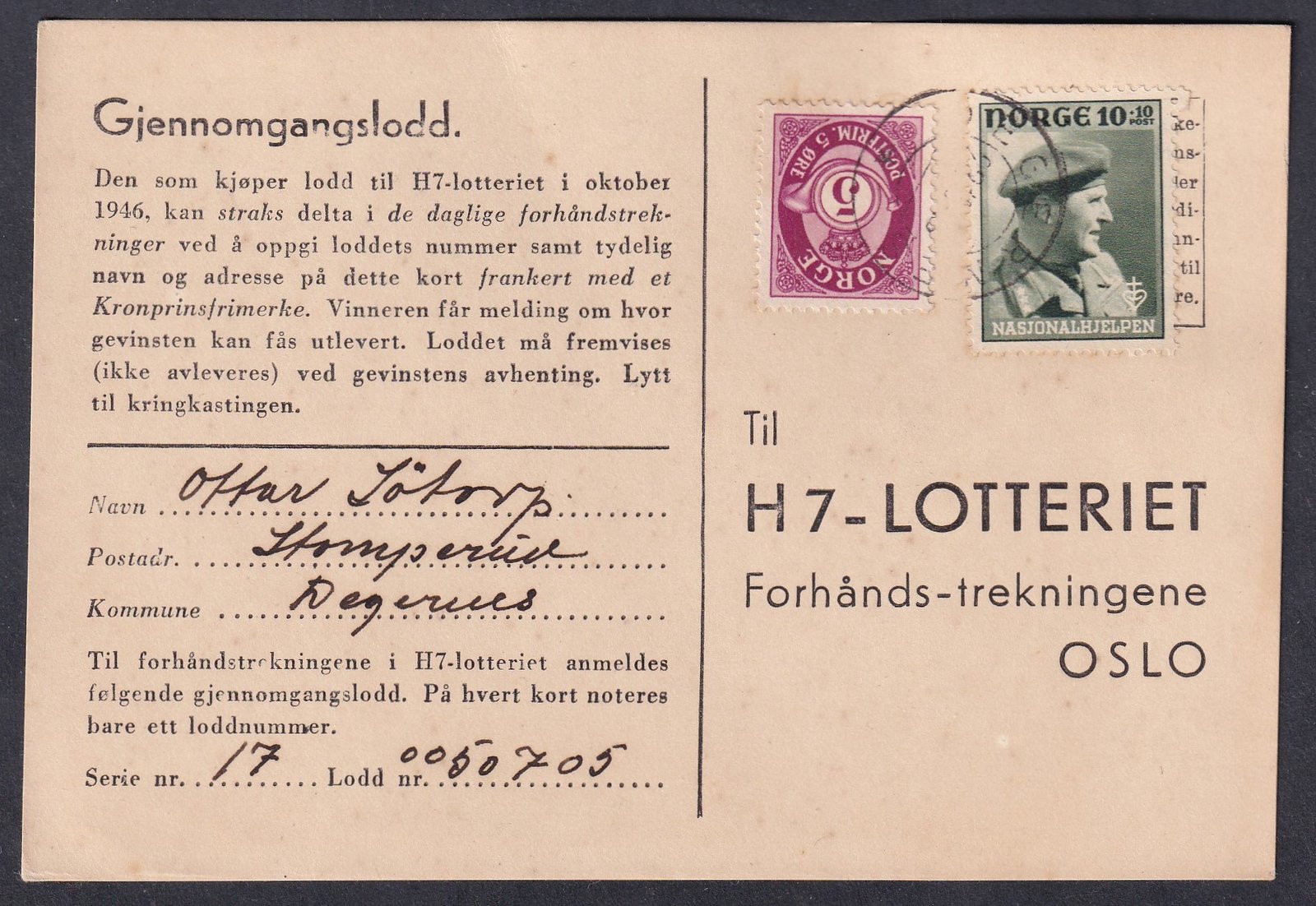 1946. H7-lottó levelezőlap Oslo-ba, vegyes bérmentesítéssel (Norge + segélybélyeg),