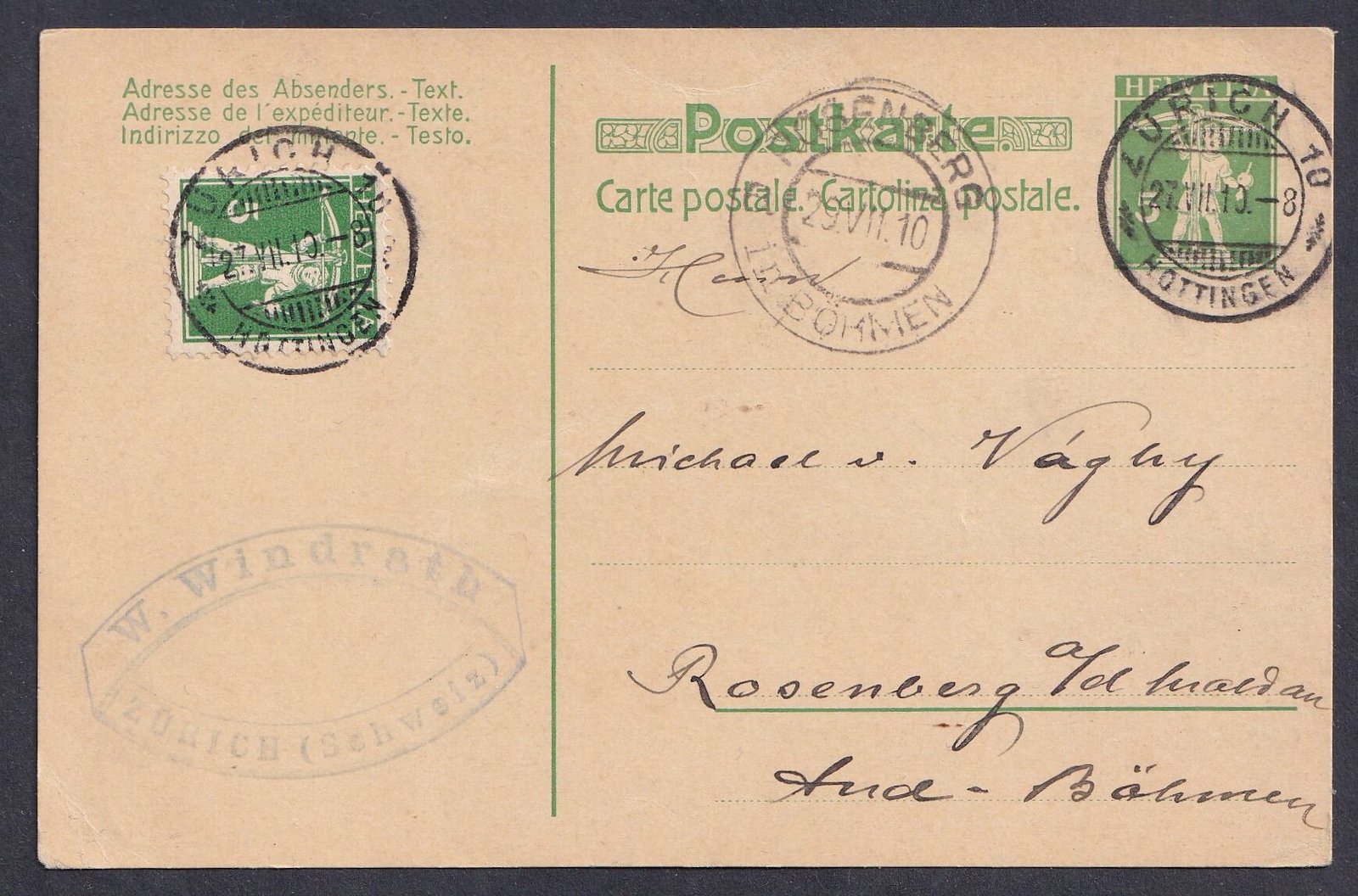 1927. Svájc, belföldi díjjegyes levelezőlap