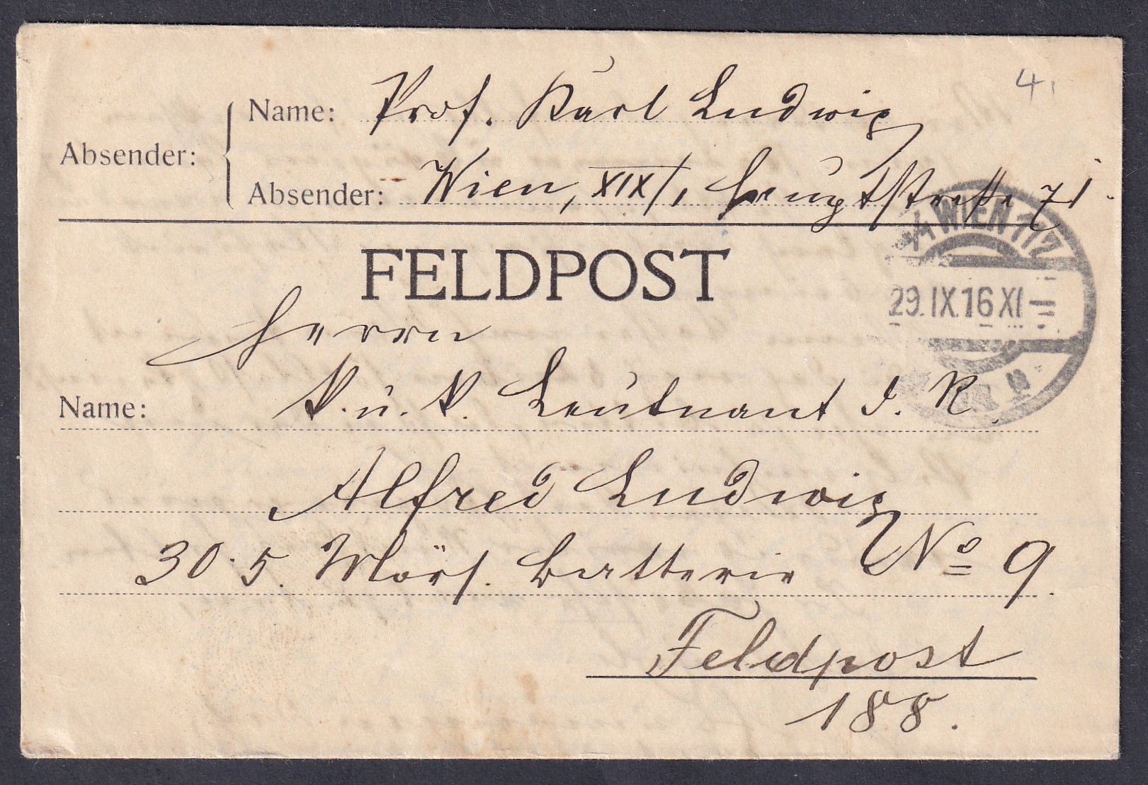 IMG_20260410_0012 1916. Bécsben feladott osztrák–magyar tábori postai boríték „FELDPOST” bélyegzéssel (1916. IX. 29.), a „30.5. Mörs-Batterie No. 9” nehéztüzérségi mozsárüteghöz, Feldpost 188 címzéssel.