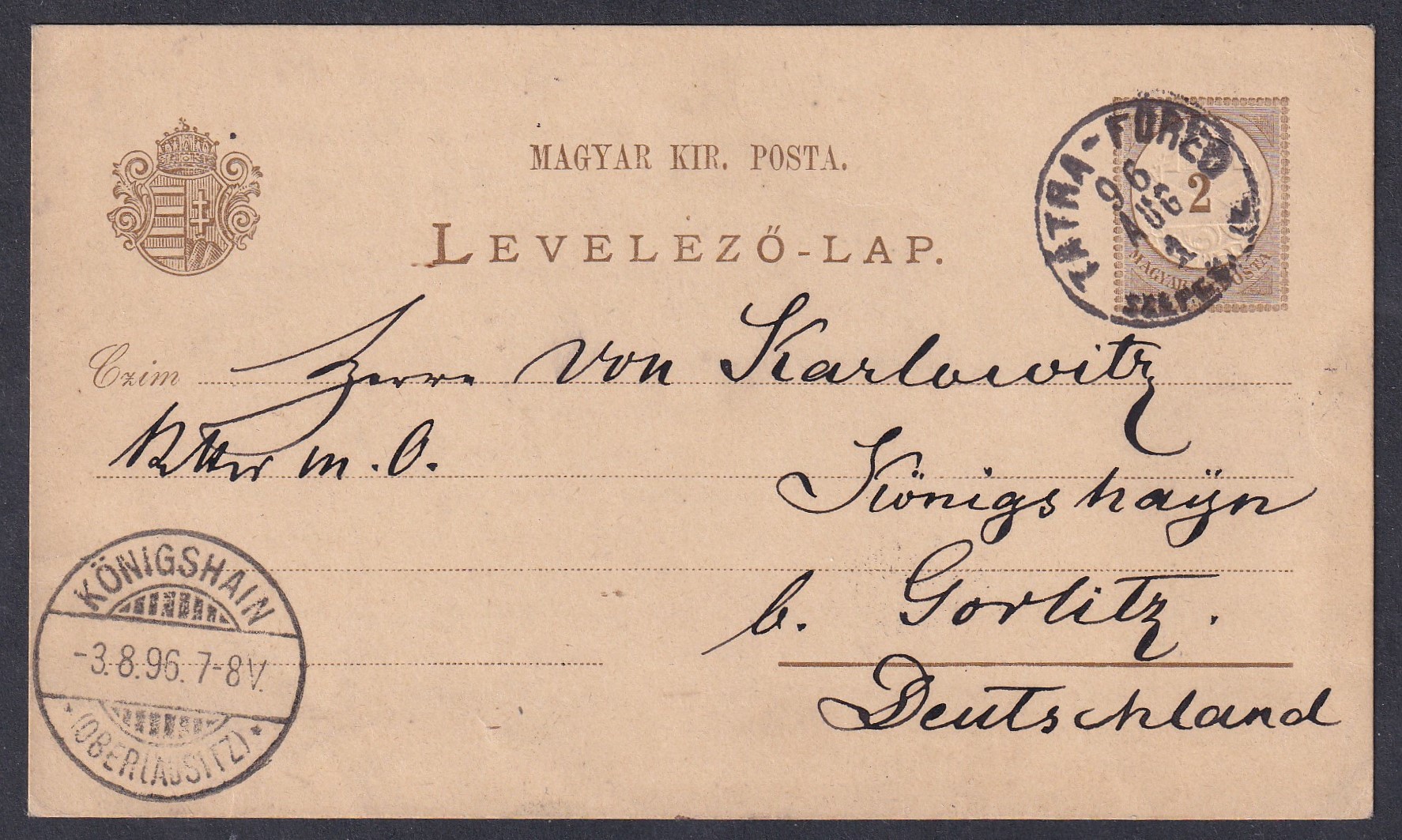 1896. TÁTRA-FÜRED / SZEPES. M. - Königshain (Németország)-ba feladott levelezőlap