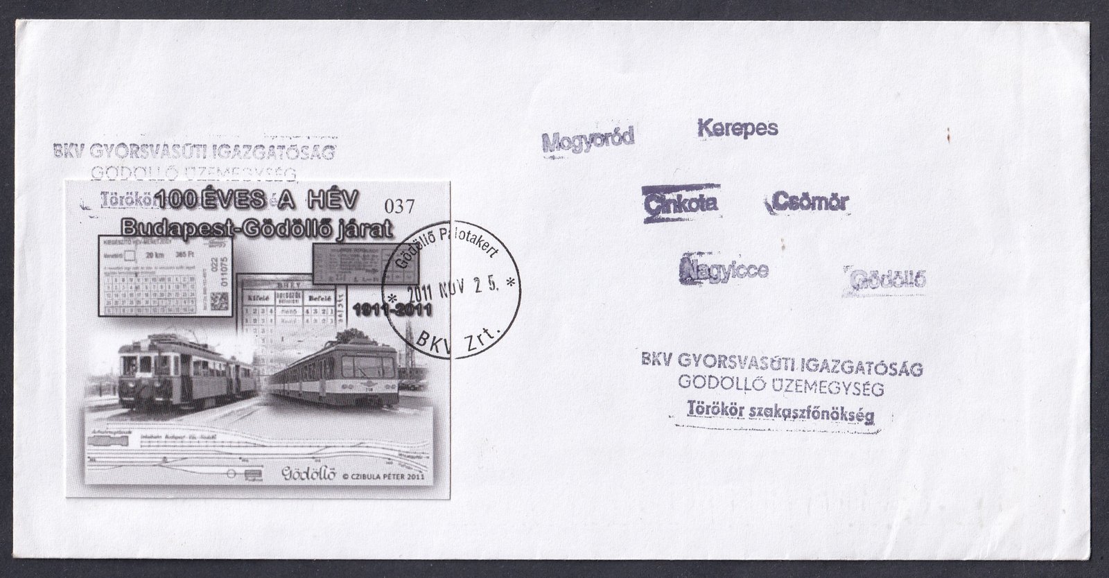 Gödöllői HÉV emlékíb borítékon állomás bélyegzésekkel