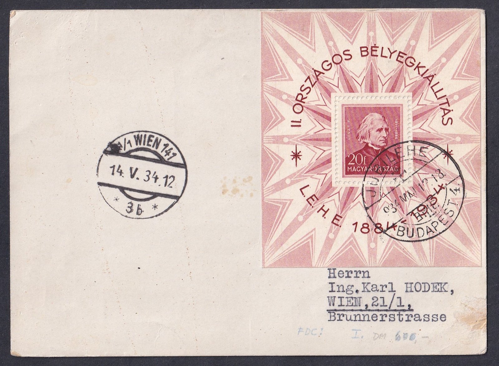 1934. LEHE blokk, Bécsbe feladott köznapi levelezőlapon!