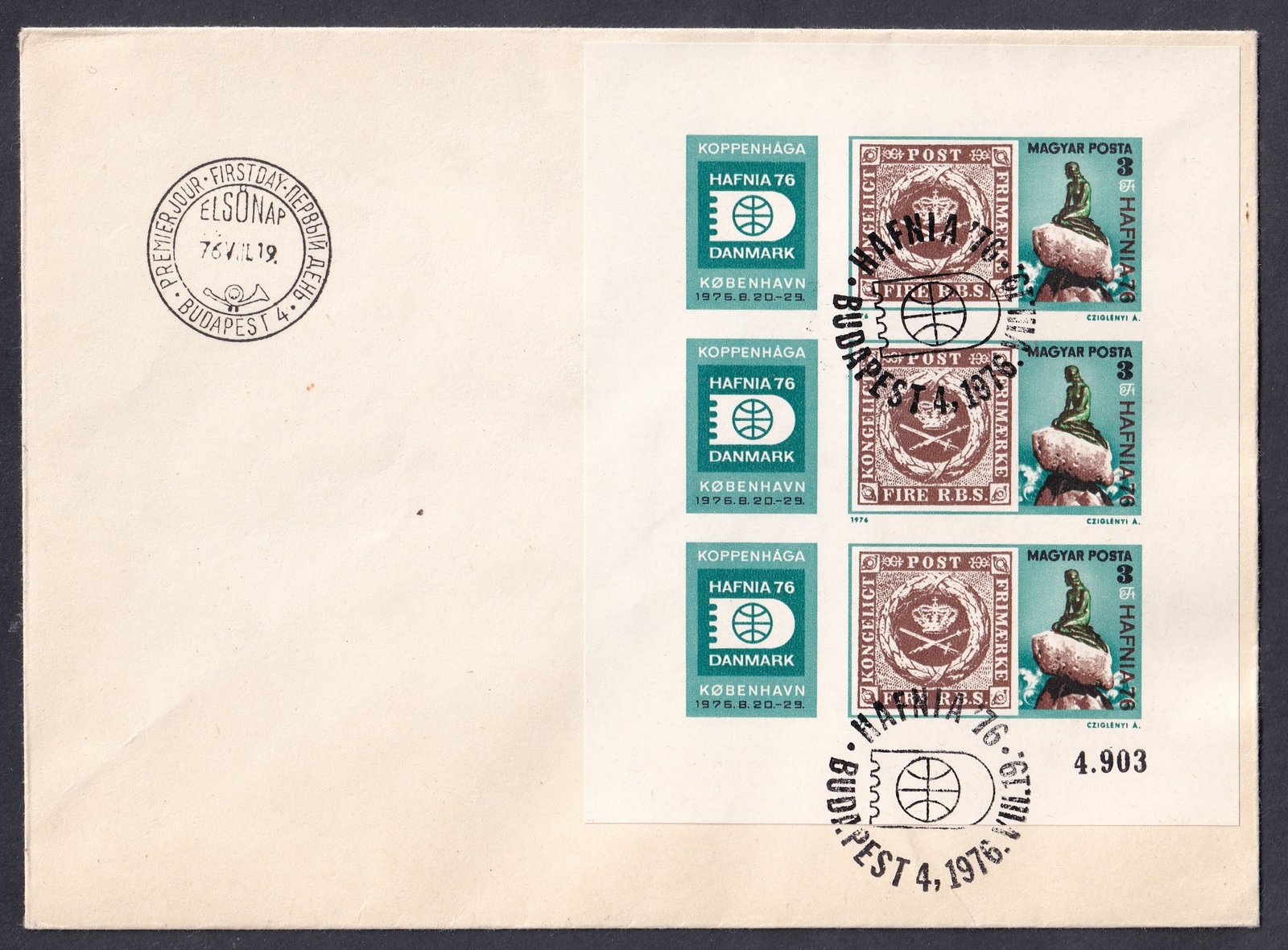 1976. HAFNIA bélyegkiállítás, vágott kisív FDC