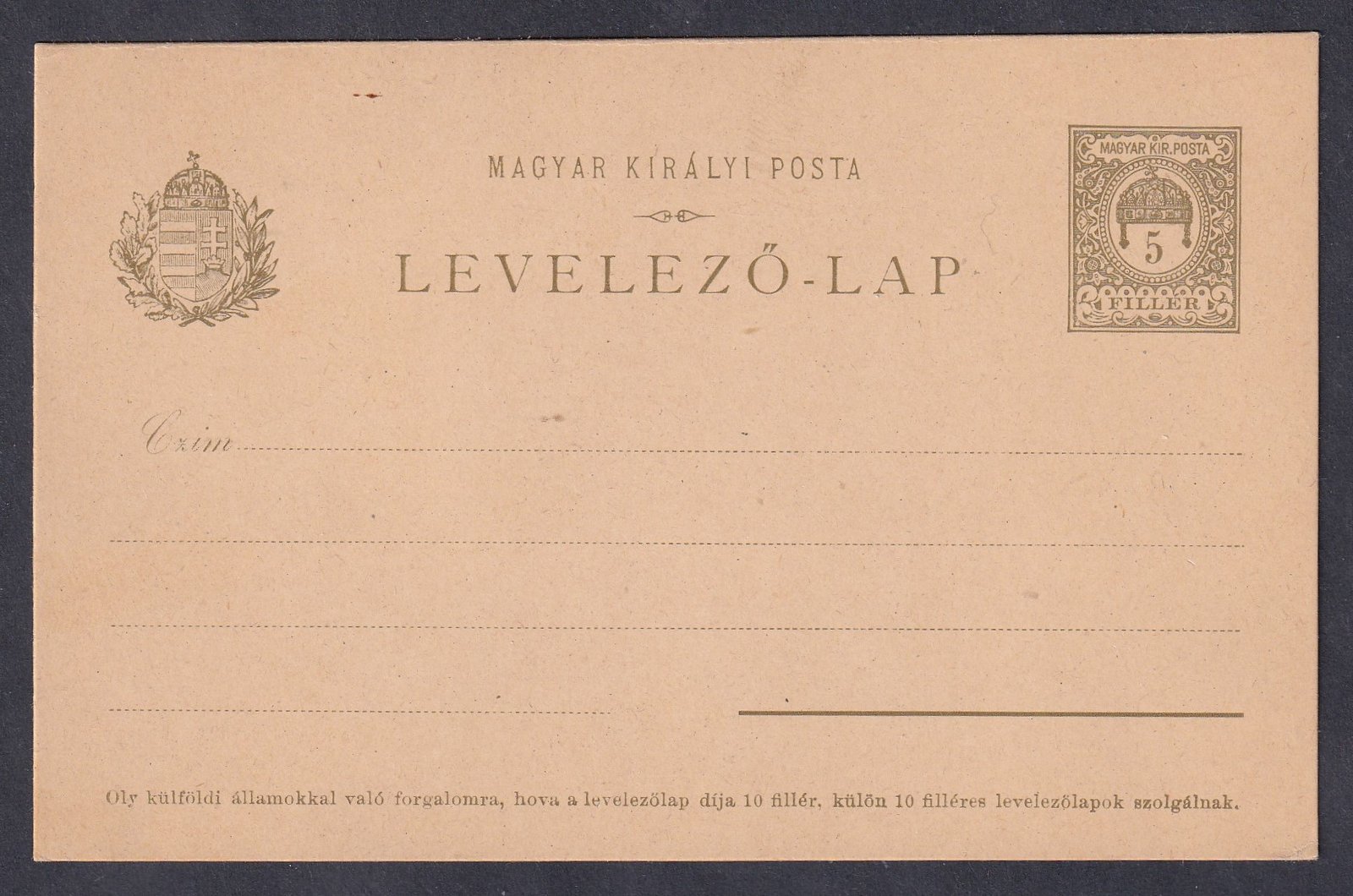1902. 5f olajzöld (X. típus) használatlan díjjegyes levelezőlap, kiválló állapotban!