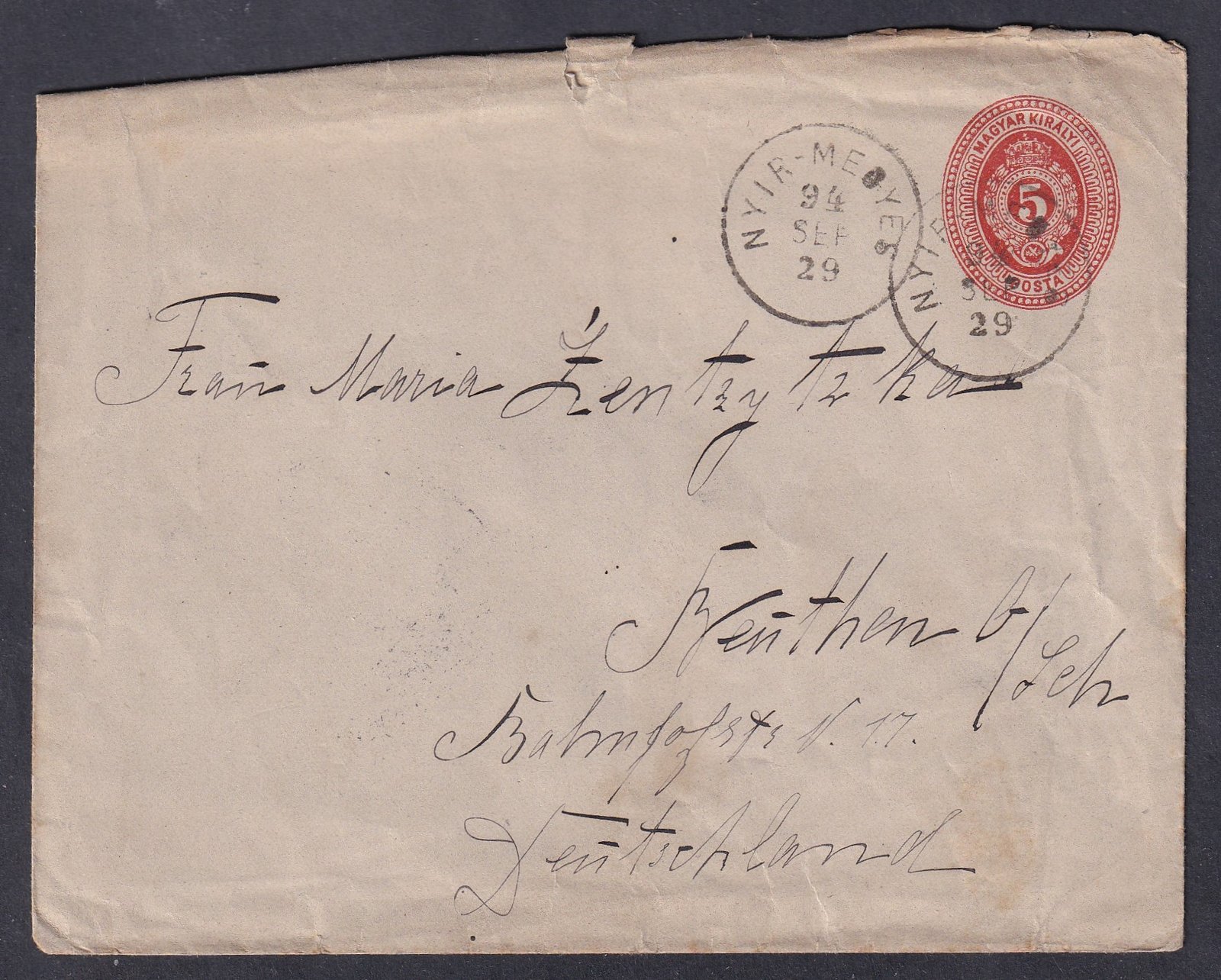 1894. NYIR-MEGYES. BEUTHEN-be feladott 5kr díjjegyes boríték