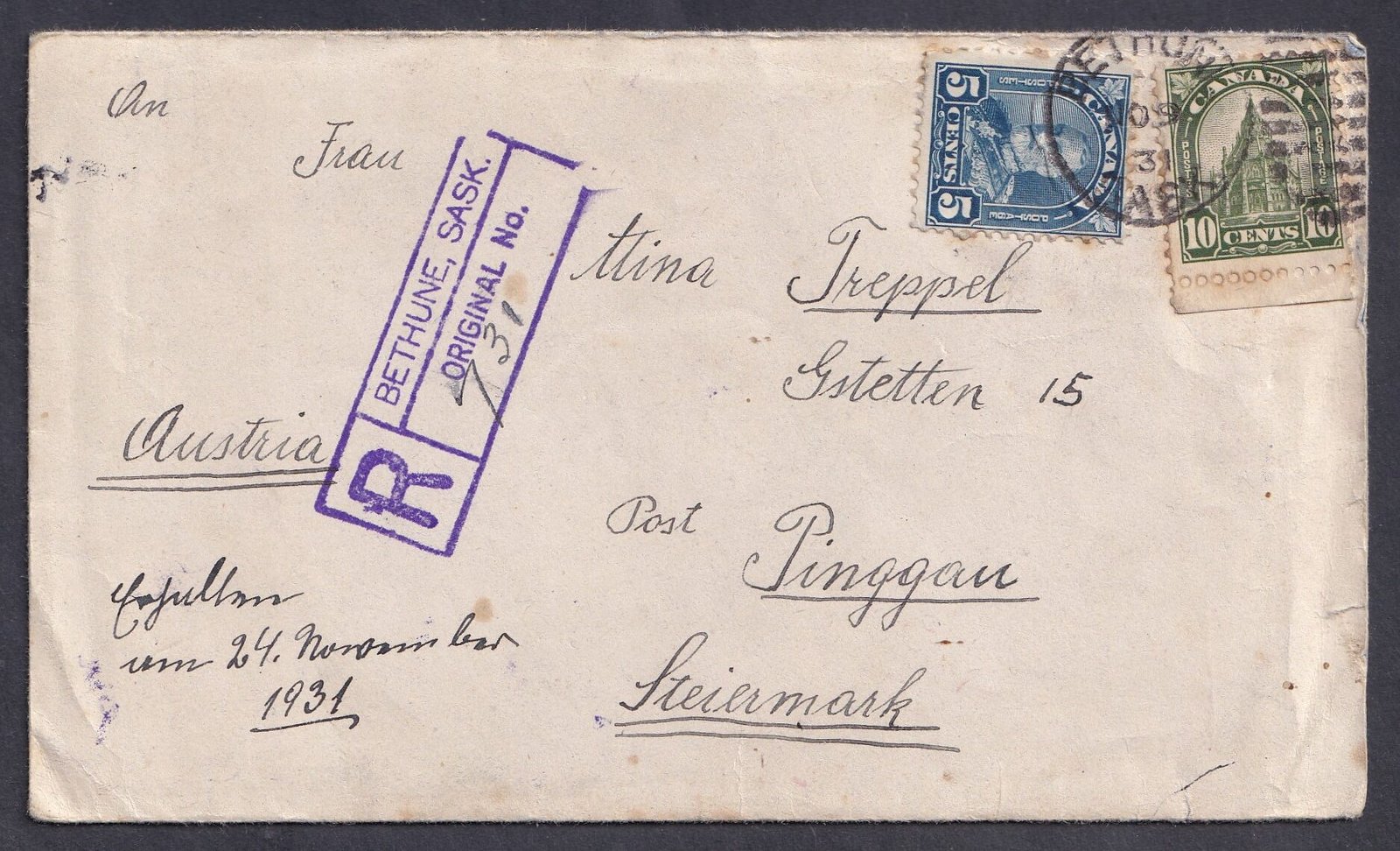 1931. Bethune, Saskatchewan (Kanada) Pinggau (Ausztria) -ba feladott ajánlott levél tartalommal