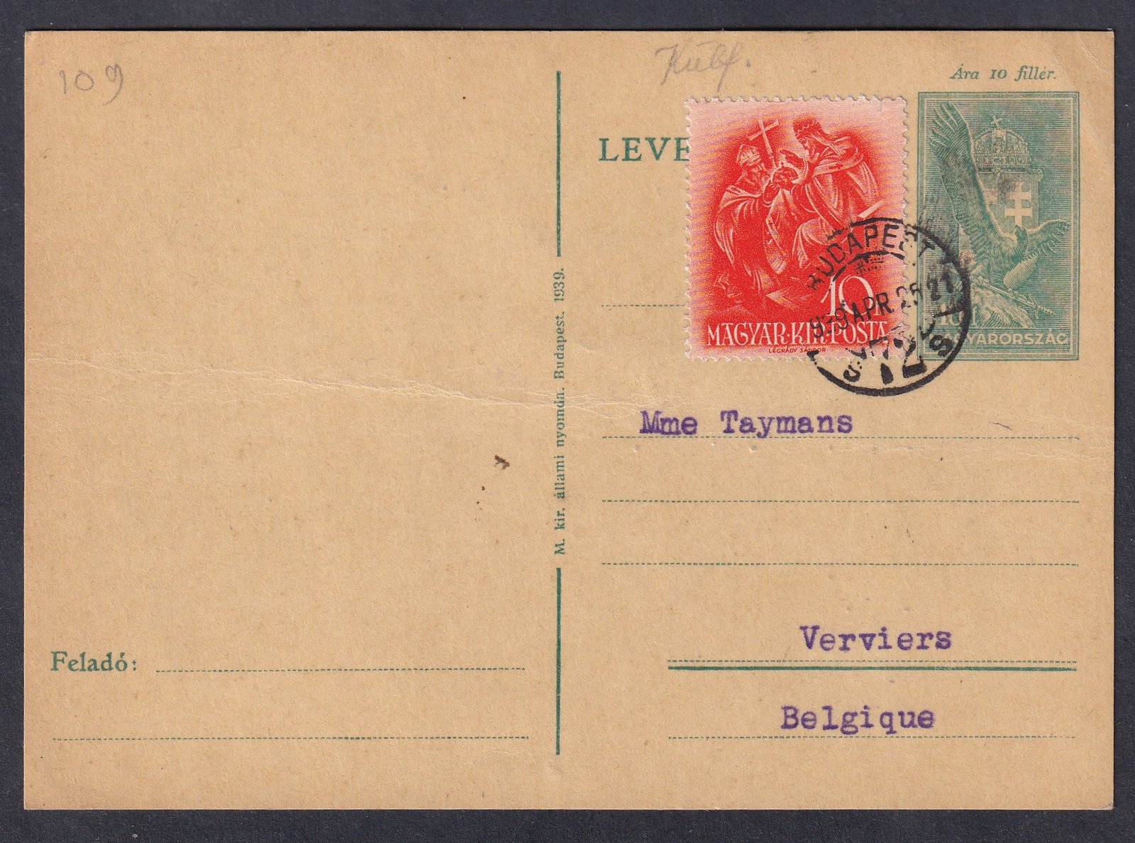 1939. Budapest, Verviers (Belgium)-ba feladott levelezőlap