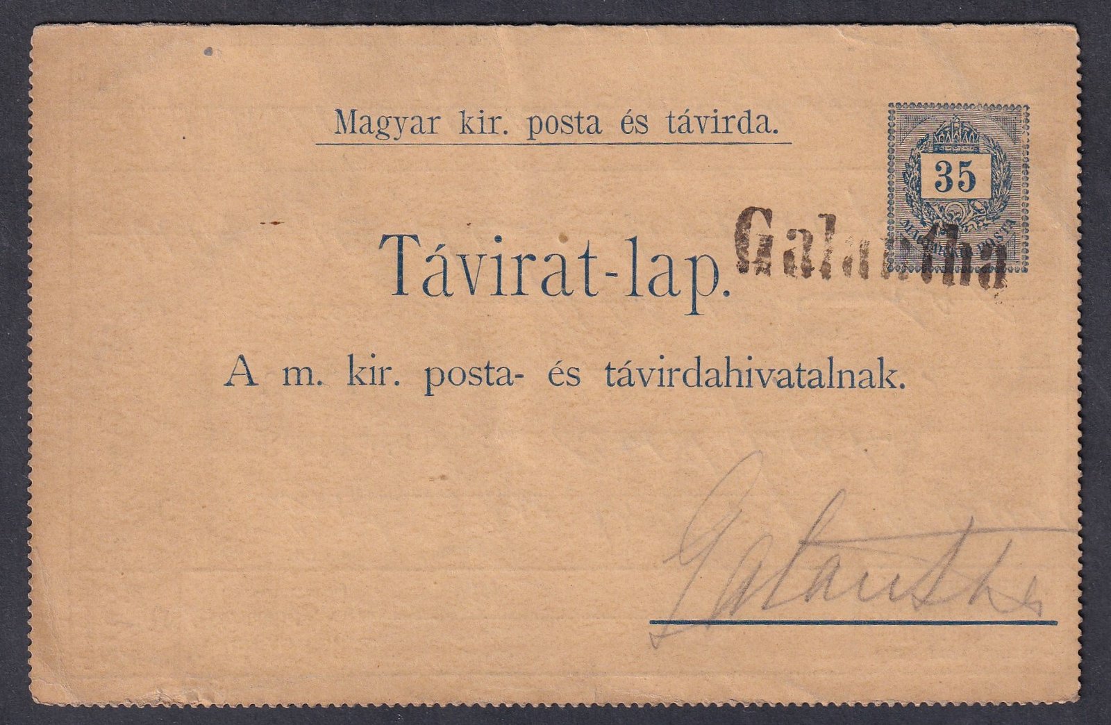35kr Távírat-Lap, GALÁNTA - túl élő távírat bélyegzéssel