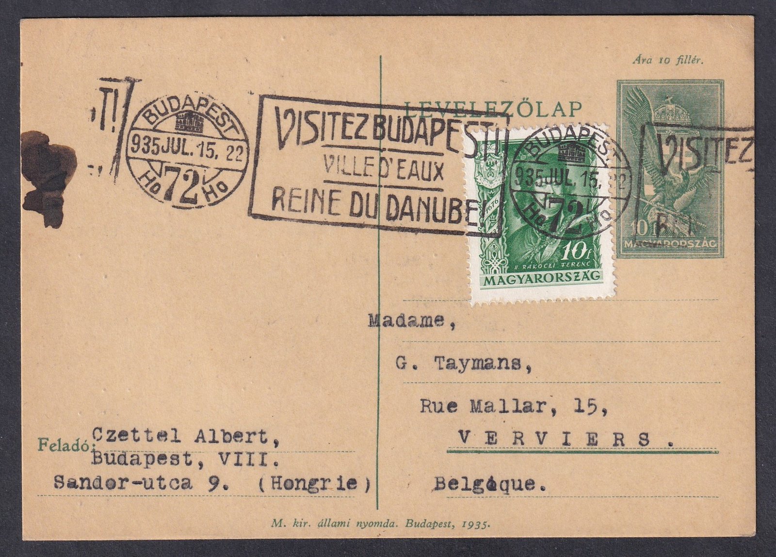 1935. Budapest, reklábélyegzéssel Belgiumba feladott levelezőlap - Rákóczi 10f díjkiegészítéssel