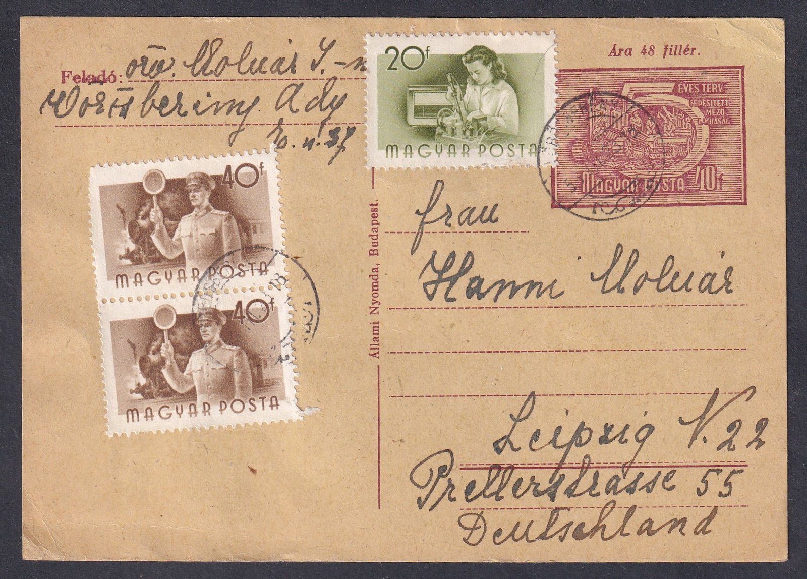 1955. Budapest, Lipcse (NDK)-ba feladott levelezőlap – (1955) Munka többes, színes díjkiegészítéssel