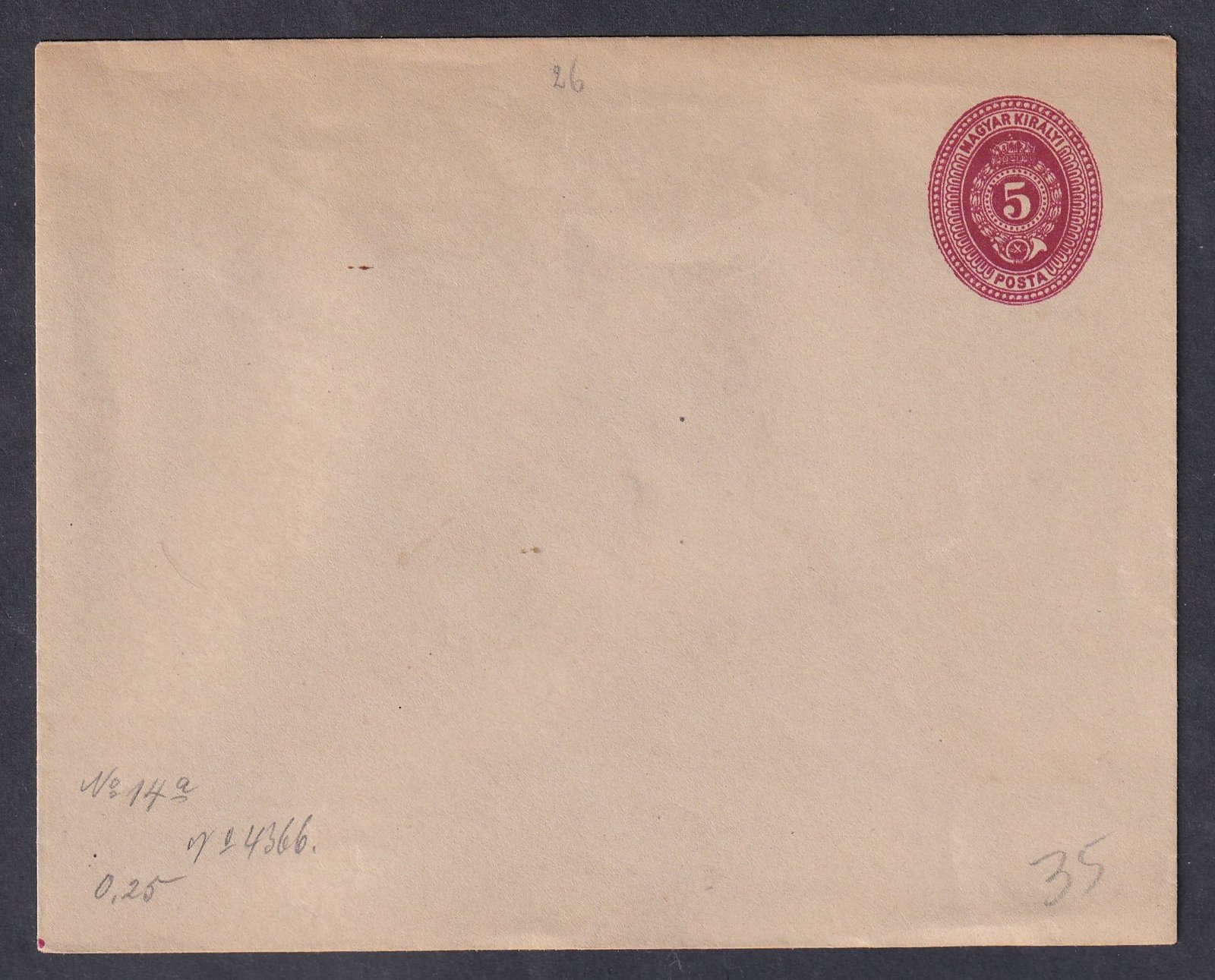 1887. 5kr használatlan díjjegyes boríték