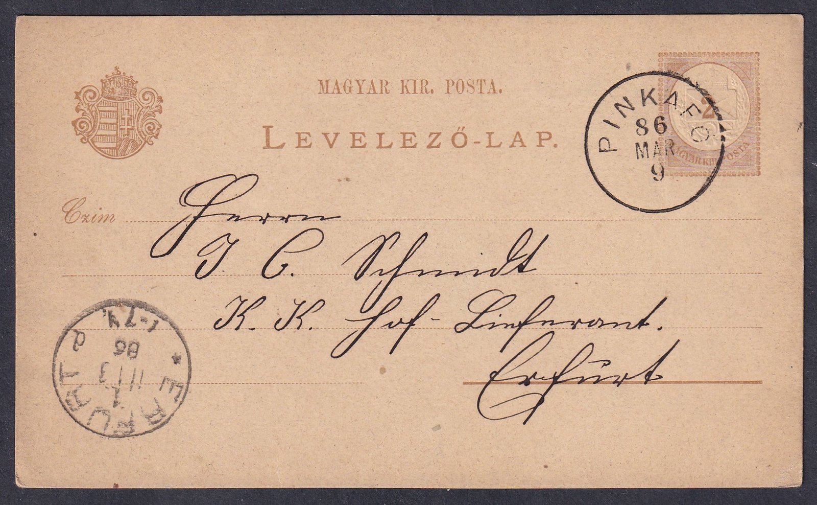 1886, PINKAFŐ, Erfurt-ba feladott levelezőlap