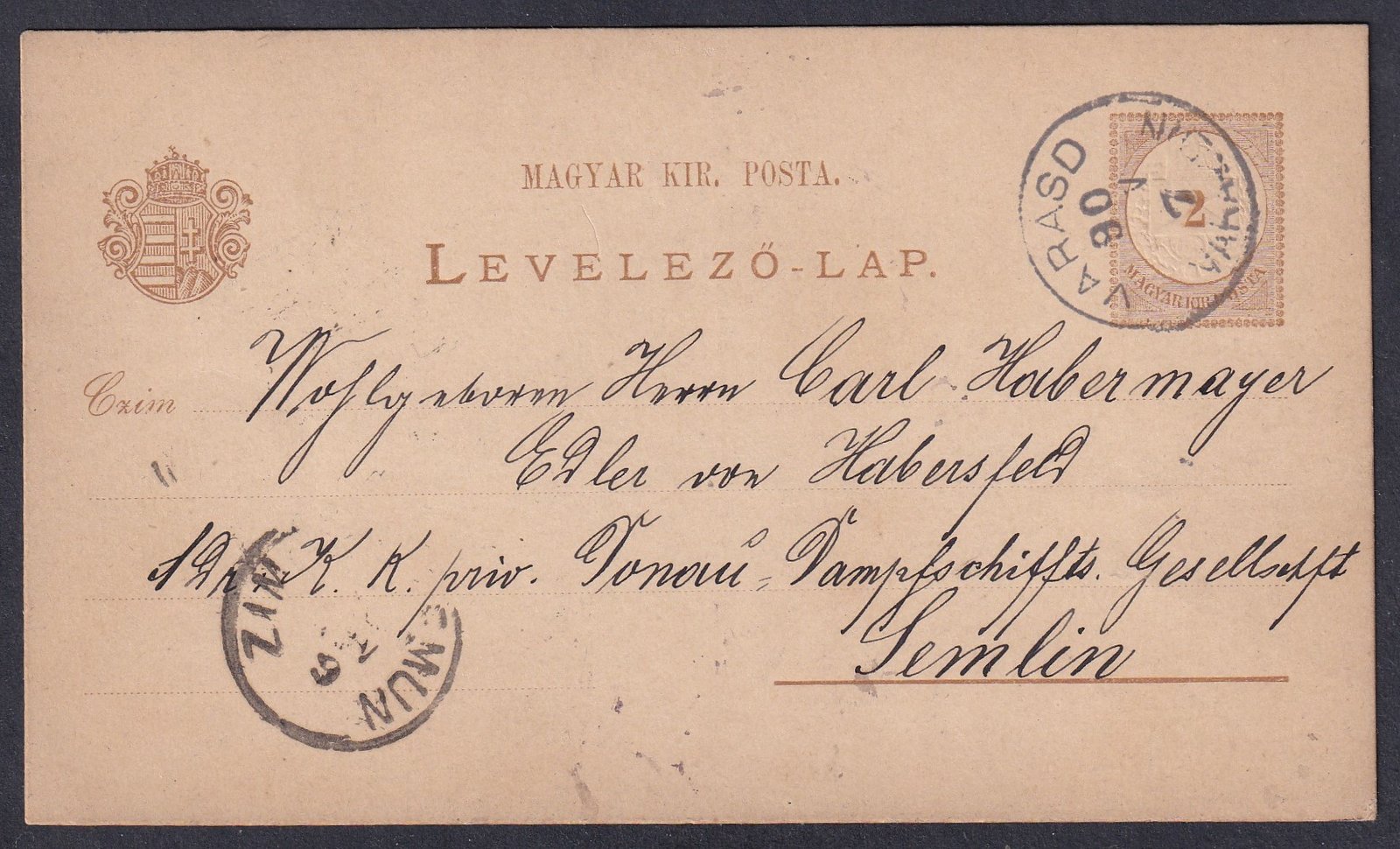 1890. VARASD / VARAŽDIN, Semlinbe feladott levelezőlap
