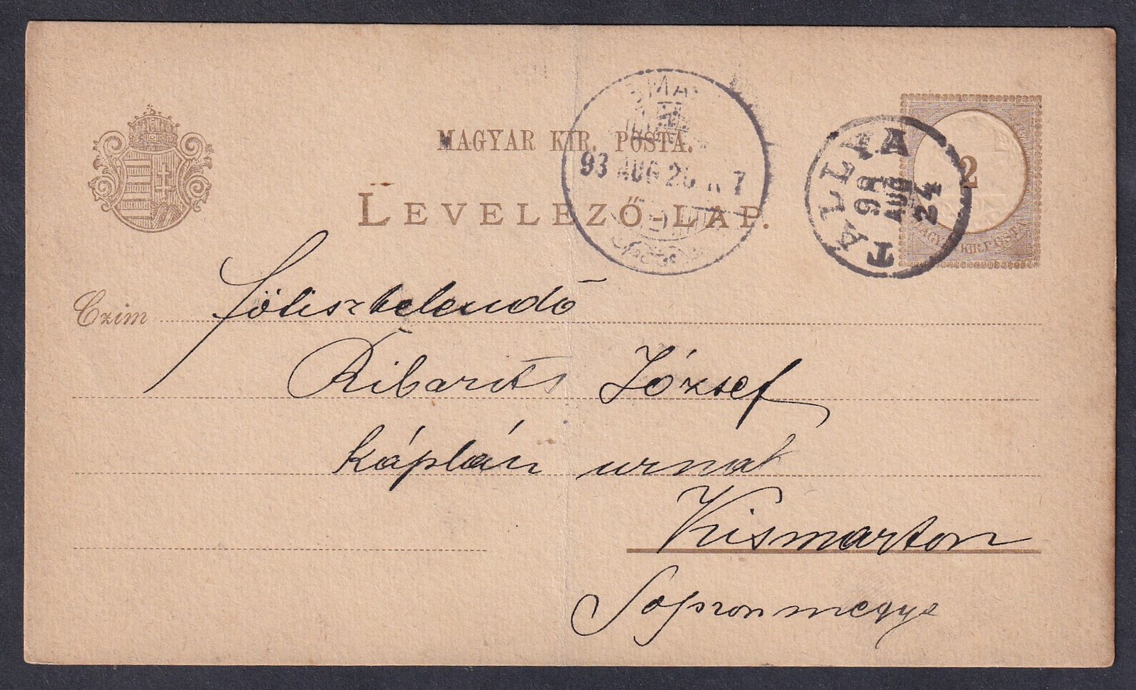 1898. TÁLLYA, Kismarton-ba feladott levelezőlap