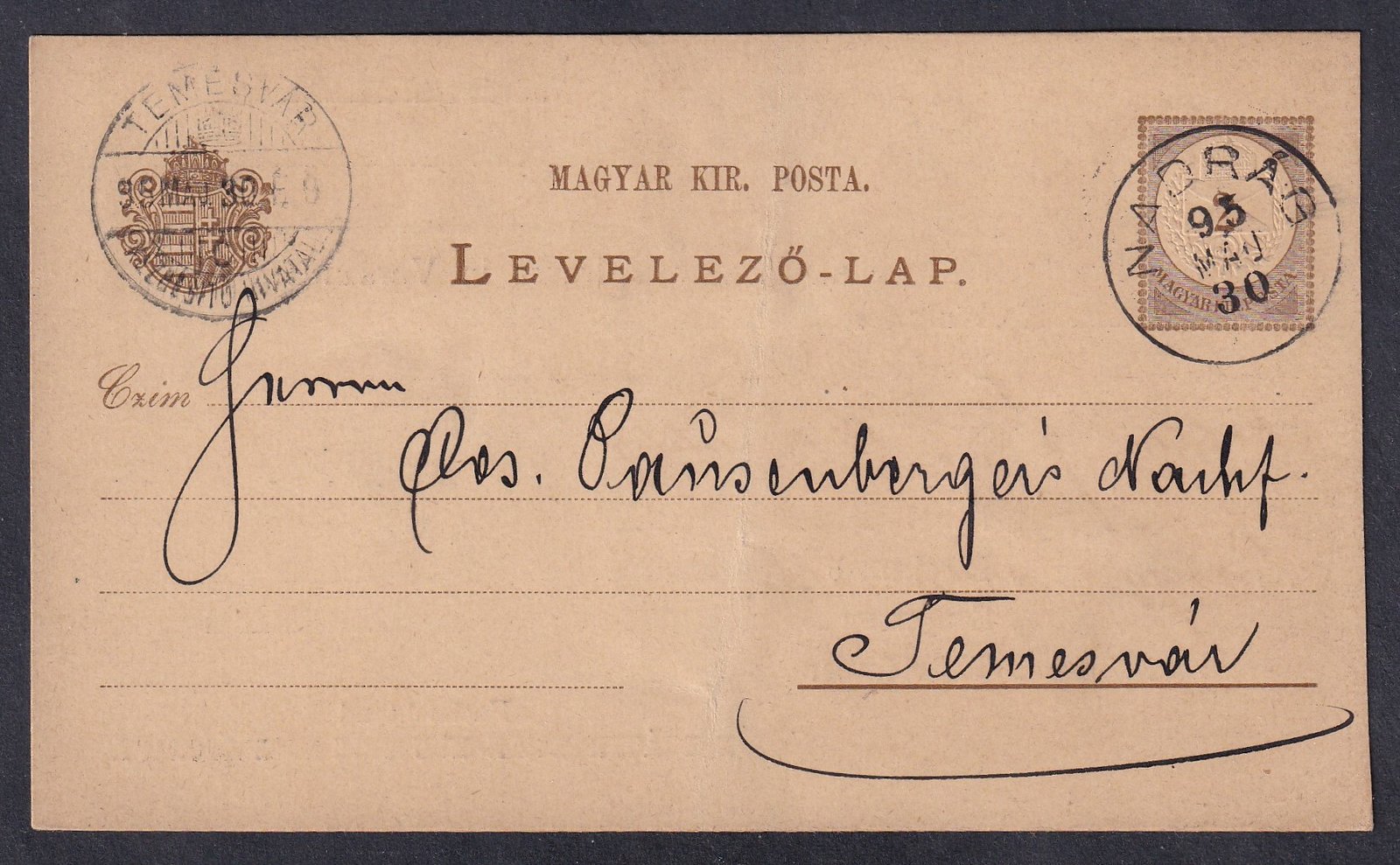 1893. NADRÁG, Temesvár-ba feladott levelezőlap