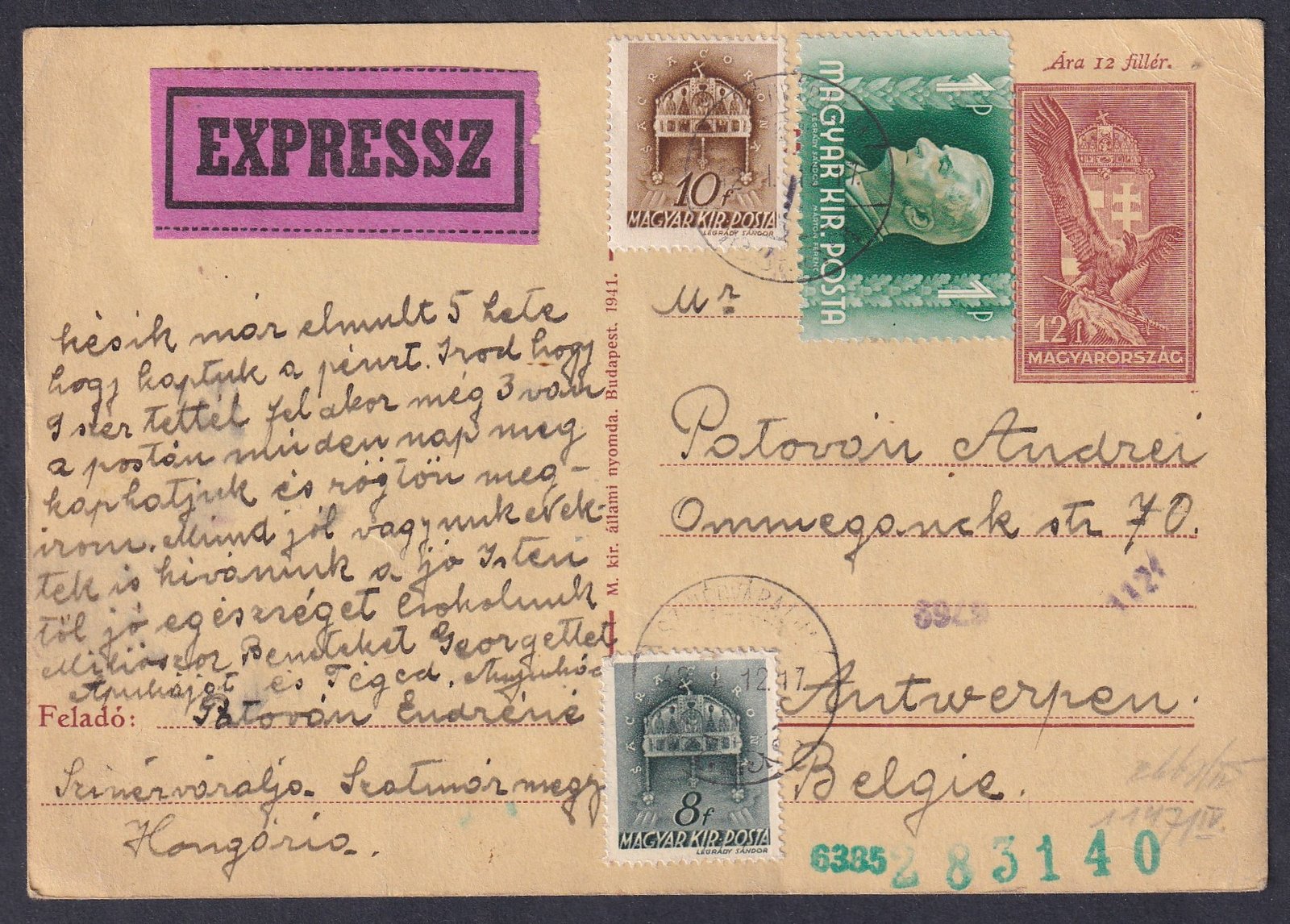 1942. SZINYÉR-VÁRALJA, Antwerpen (Belgium)-be feladott cenzúrázott, expressz levelezőlap