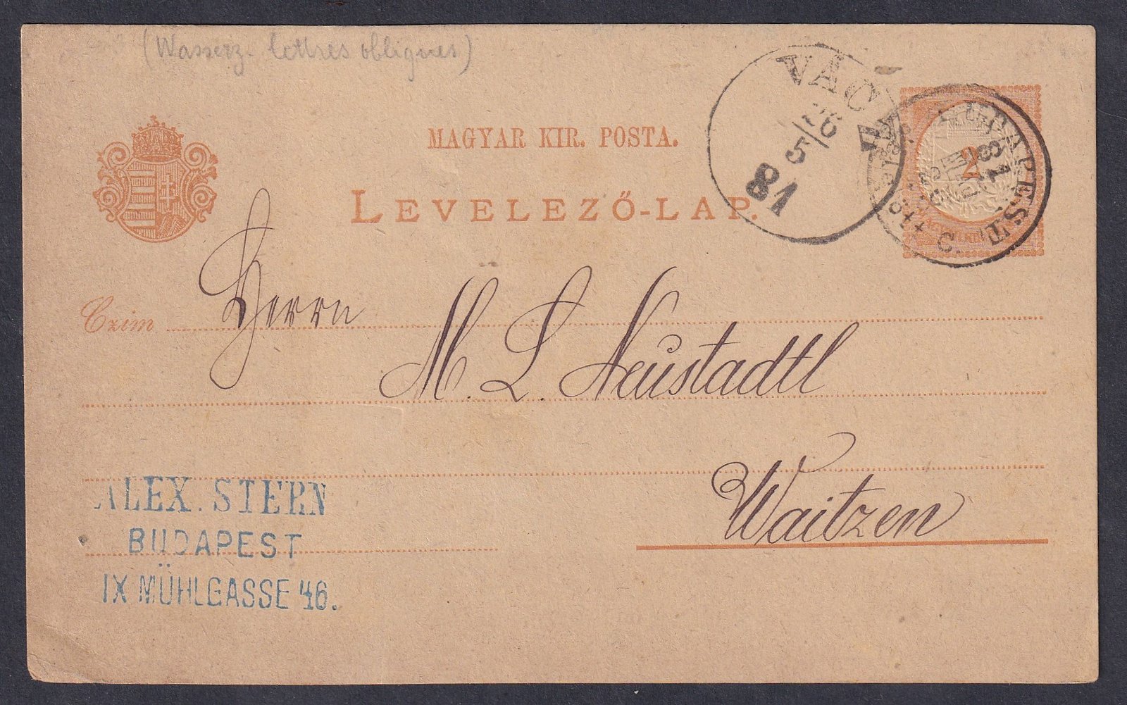 1881. Budapest, VÁCZ-ra feladott levelezőlap