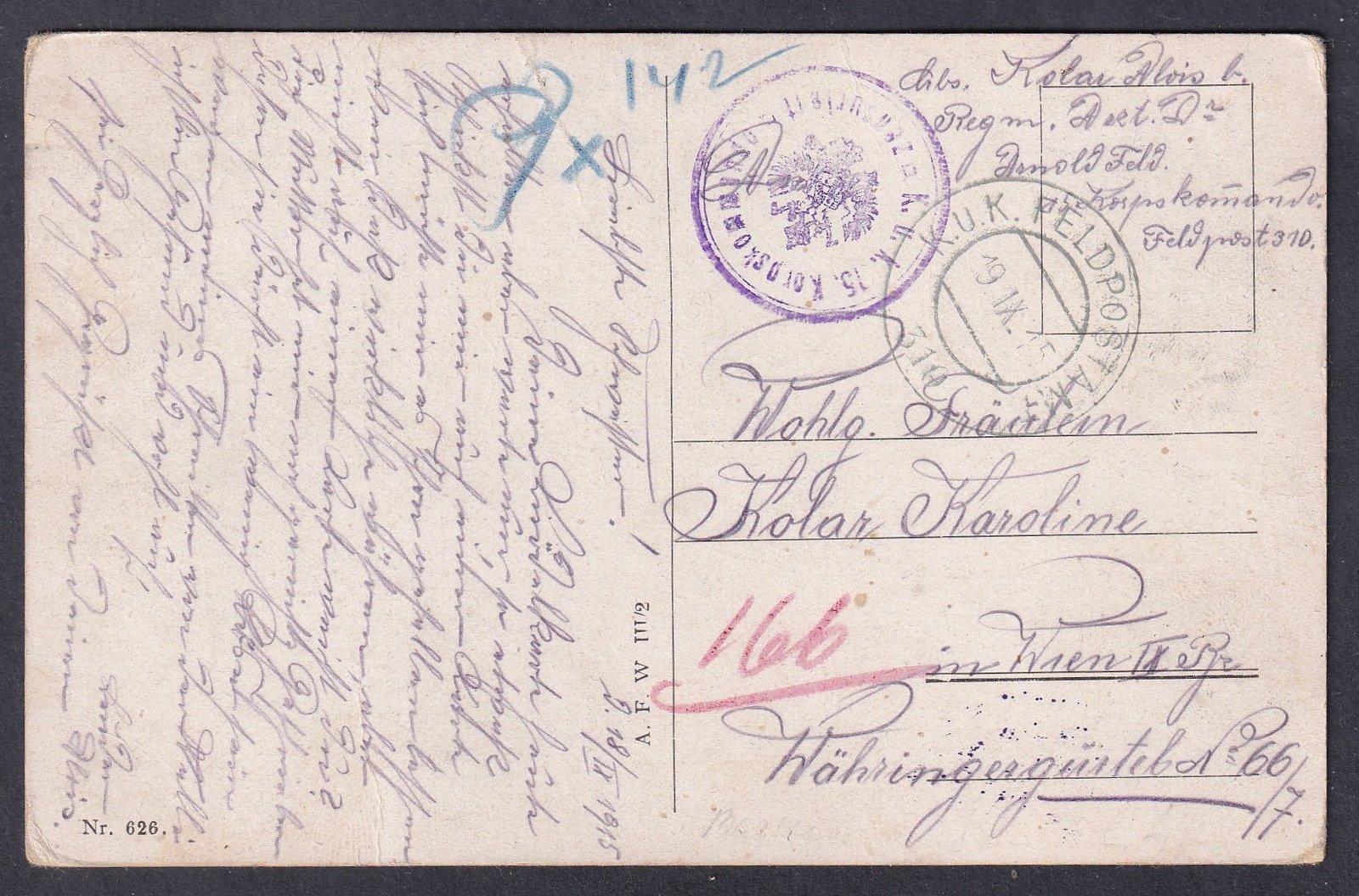 IMG_20260413_0015 1915. Tábori posta llevelezőlap - Lila körbélyegző „k.u.k. 15. Korpskommando” - császári és királyi 15. hadtest parancsnokság