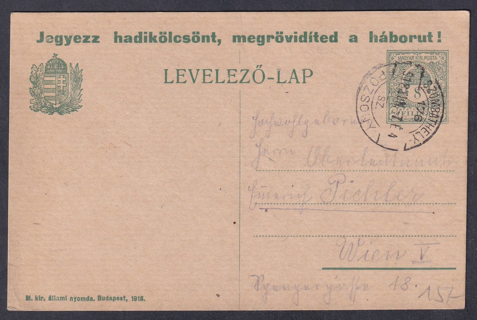 1918. Szombathely/Pozsony - mozgóposta bélyegzéssel, Bécsbe feladott levelezőlap