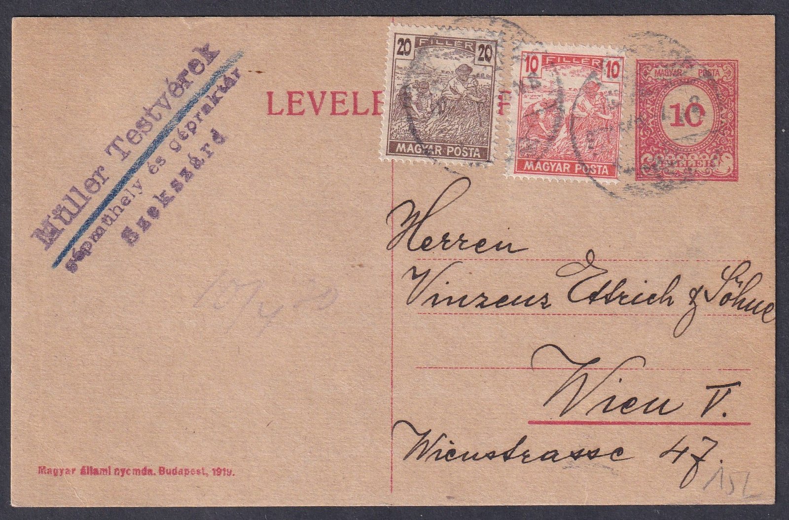 1920. Szekszárd, MÜLLER TESTVÉREK reklám bélyegzés - Bécsbe feladott levelezőlap