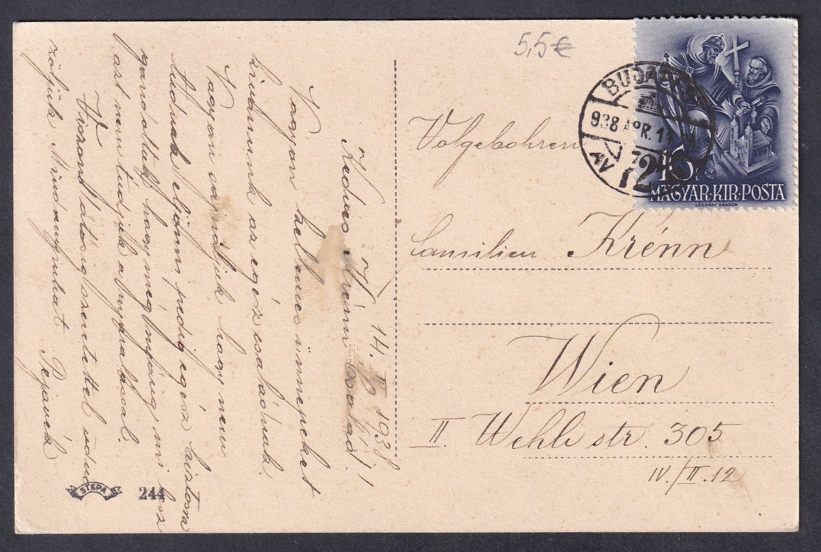 1938. BUDAPEST,Bécsbe feladott képeslap