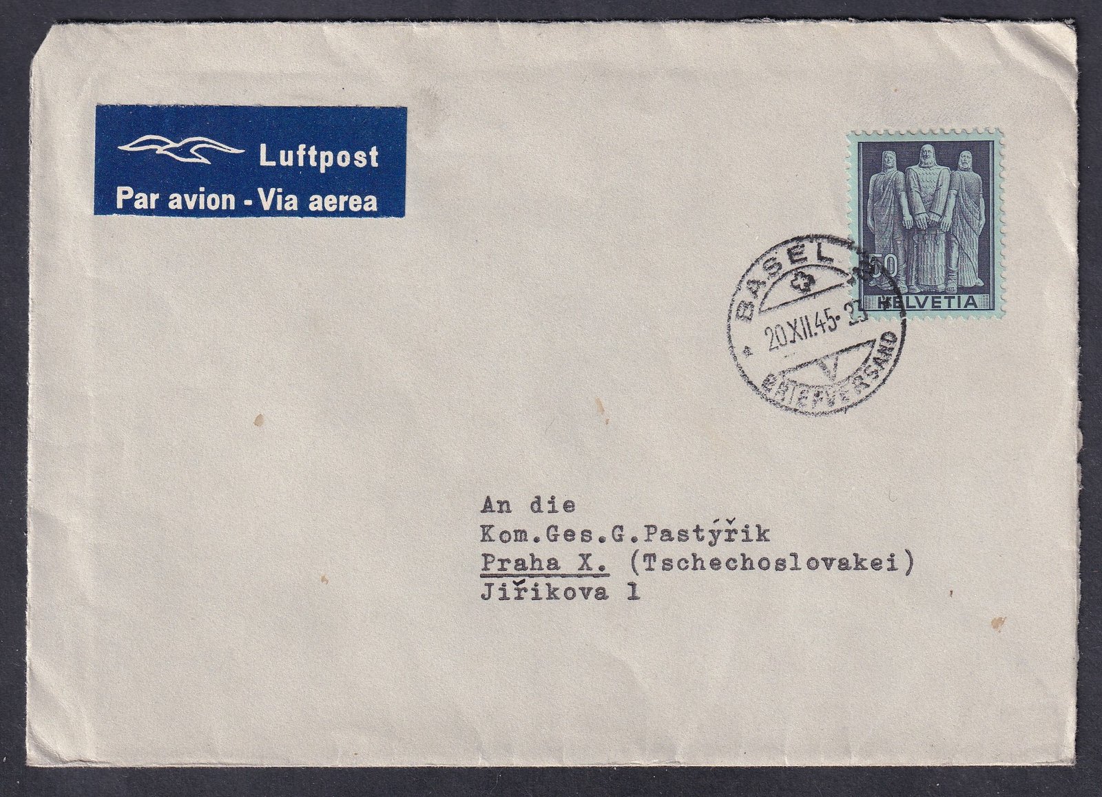 IMG_20260413_0022.1 1945. BASEL, Csehszlovákiába feladott légiposta levél
