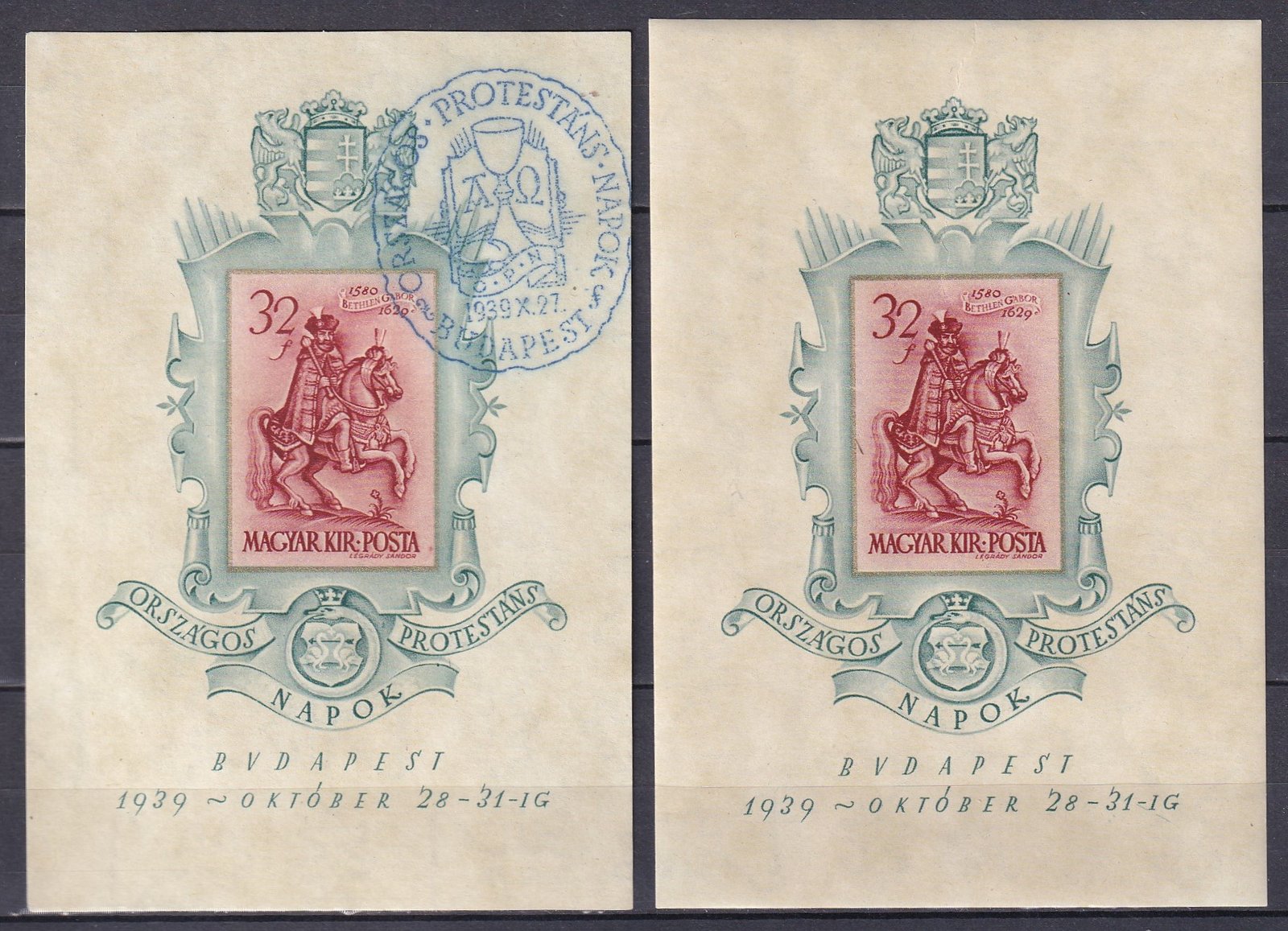 1939. Bethlen blokk pár vágott változata, postatiszta és alkalmi bélyegzéssel