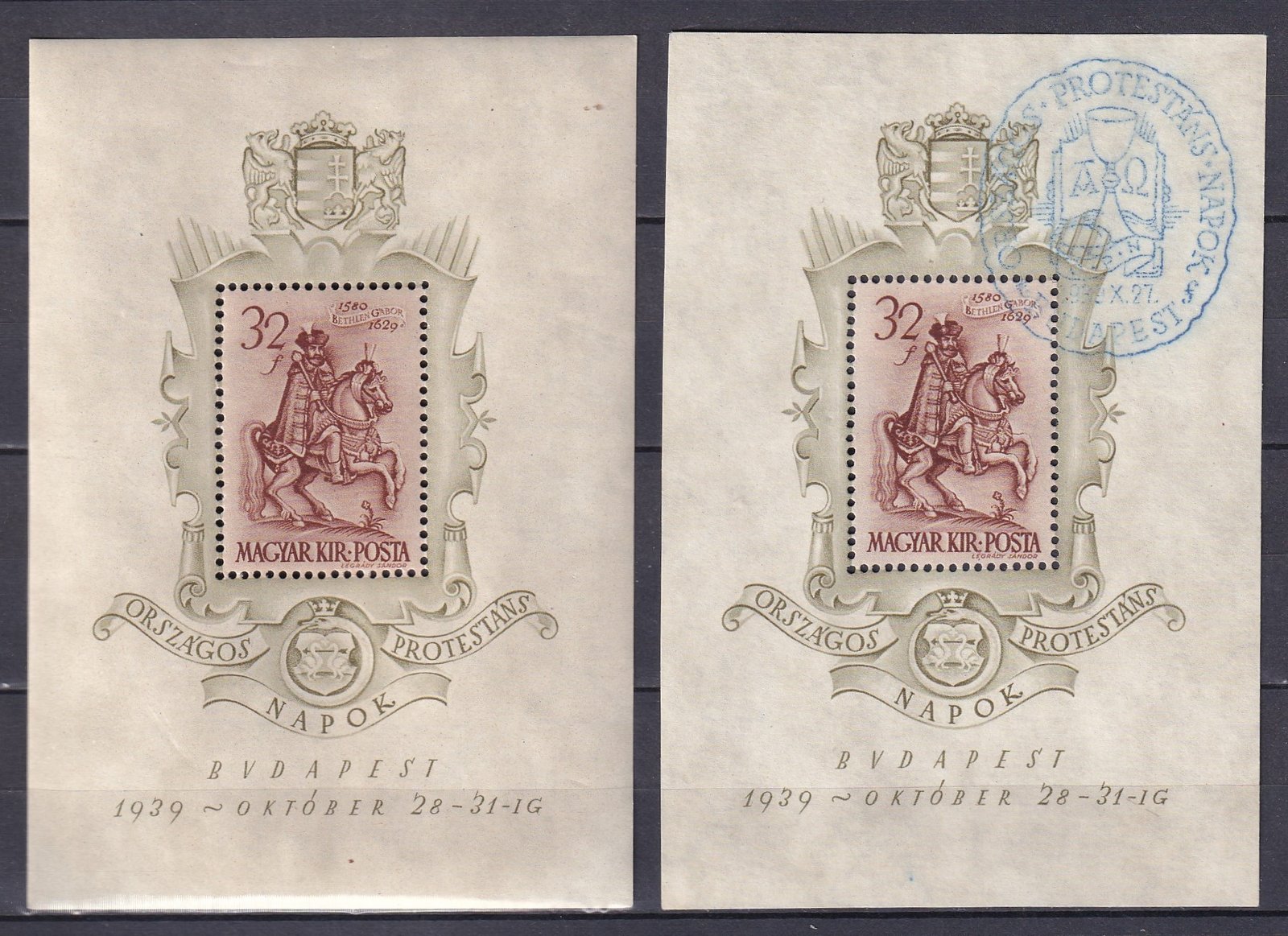 1939. Bethlen blokk pár fogazott változata, postatiszta és alkalmi bélyegzéssel