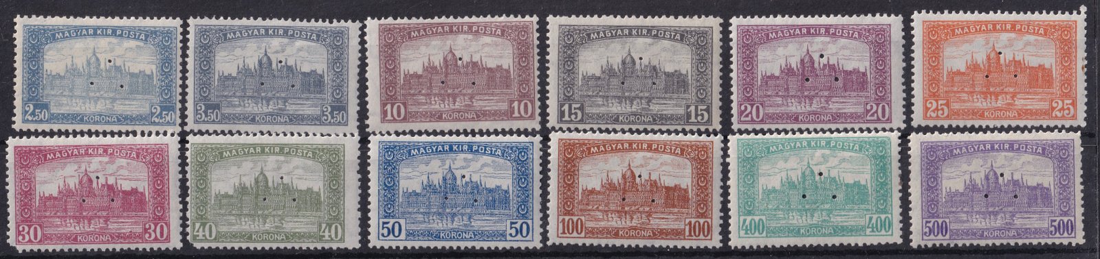 1921/1923. Parlament sorozat – hármaslyukasztásos (perfin) bélyegek (2 béyegen rövid sarok, így is ritkán látható egyben)!