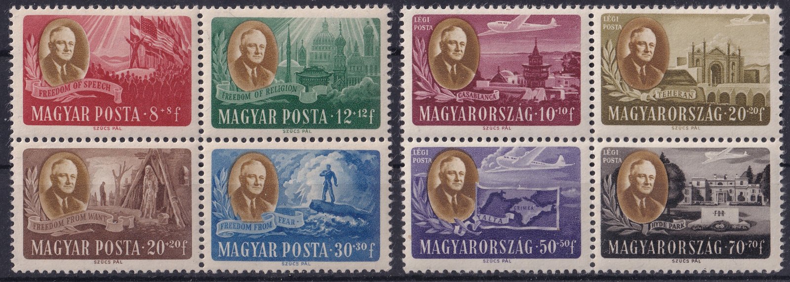 1947. F. D. Roosevelt blokkból kitépett négyestömbök